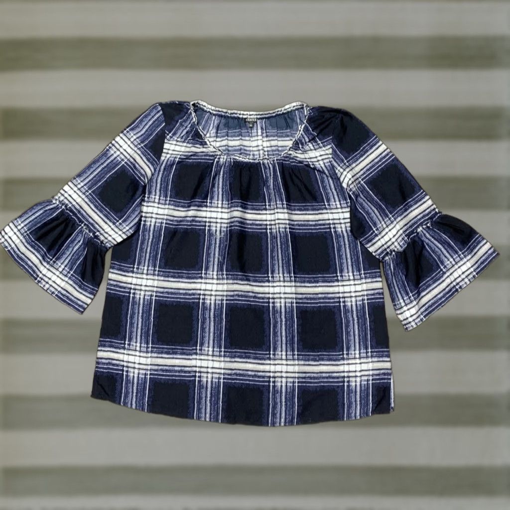 Vintage Hanna Blouse Blue White 3/4 Sleeve Bell 3" Side Slits L Womens Tunic Shirt Style Casual Vintage: No, Relaxed Fit (if allowed) Size L / US 10 / IT 46 - 1 Thumbnail