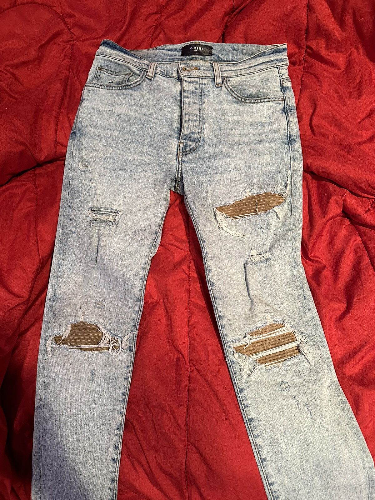 image of Amiri Distressed Slim-Cut Jeans in Brown, Men's (Size 31)