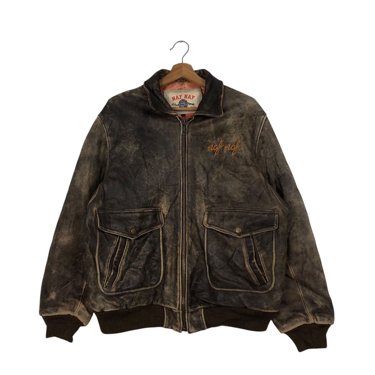 Japanese Brand 📌Vintage Flight Jumper Leather Jacket Naf Naf Big Logo Size US L / EU 52-54 / 3 - 3 Thumbnail
