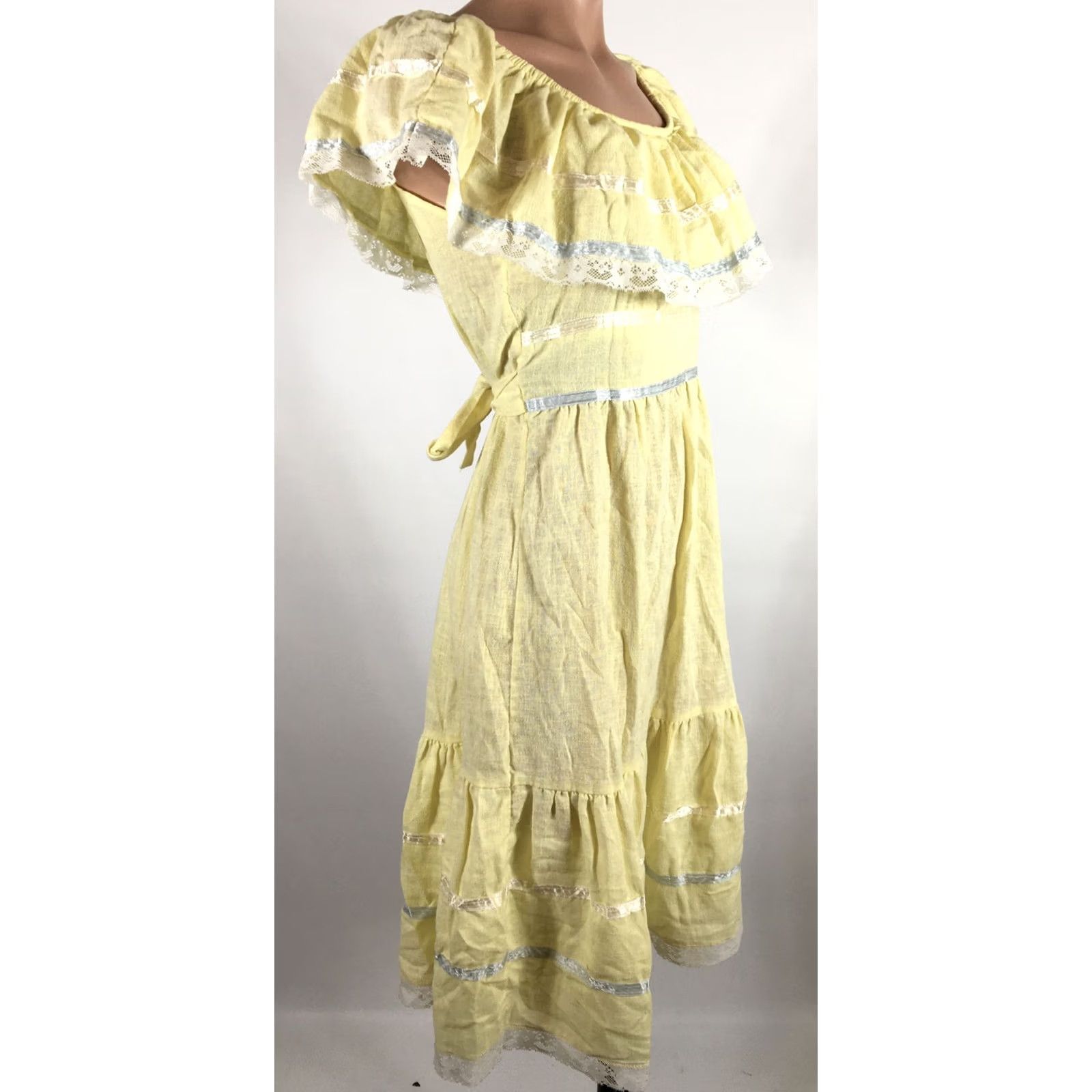 Vintage VINTAGE Papermoon Sundress Off Shoulder Tiered Lace Cottage Core 70s Yellow Cotton Blend 7 Womens Dress Size M / US 6-8 / IT 42-44 - 5 Thumbnail