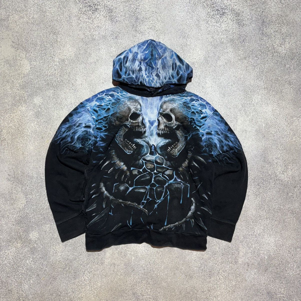 Japanese Brand × Vintage Vintage Skulls and Bones Flaming Spine All Over Print Hoodie Size US M / EU 48-50 / 2 - 1 Thumbnail