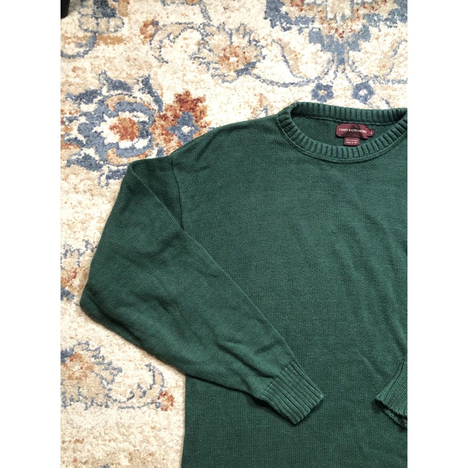Chaps VINTAGE CHAPS Ralph Lauren Sweater Mens Large Green Cable-Knit Pullover Jacket Long Sleeve Collared Cotton Knit USA 80s 90s Preppy Classic Size US L / EU 52-54 / 3 - 3 Thumbnail