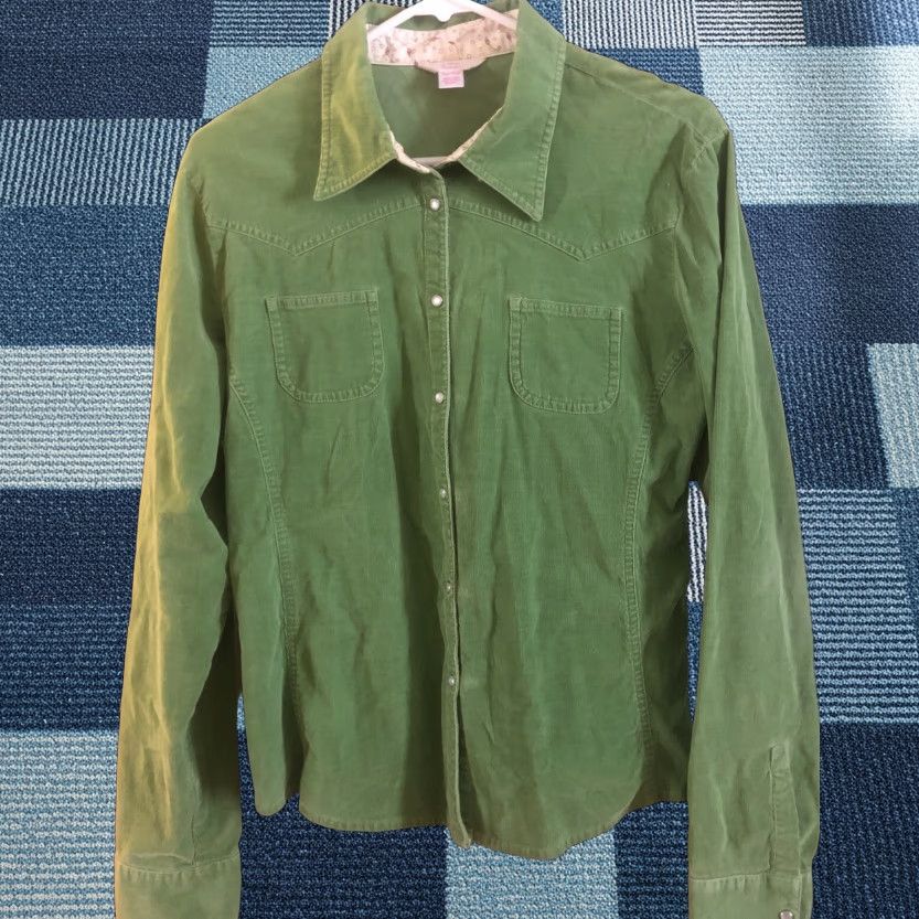 Vintage AriZona Jean Co Green Corduroy Pearl Snap Button Up Long Sleeve XL Women Shirt Slim Pure Cotton Blend Plaid Casual All Seasons Size XL / US 12-14 / IT 48-50 - 1 Thumbnail