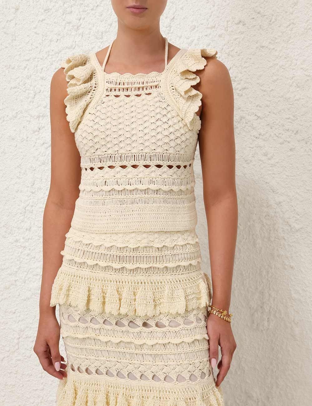 Zimmermann oc11z0525 Waverly Crochet Halter Tank Top in Beige Size S / US 4 / IT 40 - 2 Thumbnail