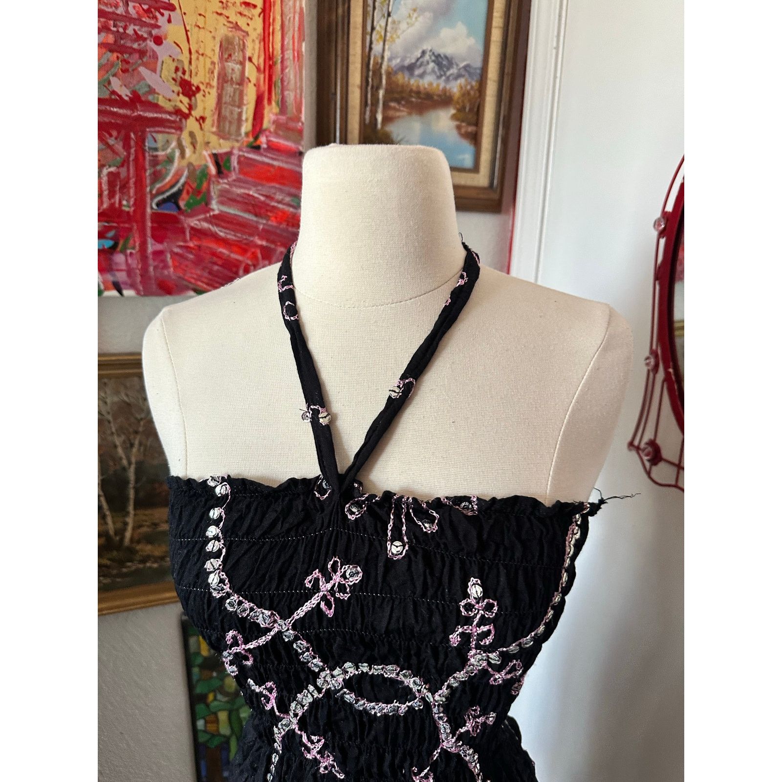 Handmade handmade pink black floral halter mini dress / top Size S / US 4 / IT 40 - 3 Thumbnail