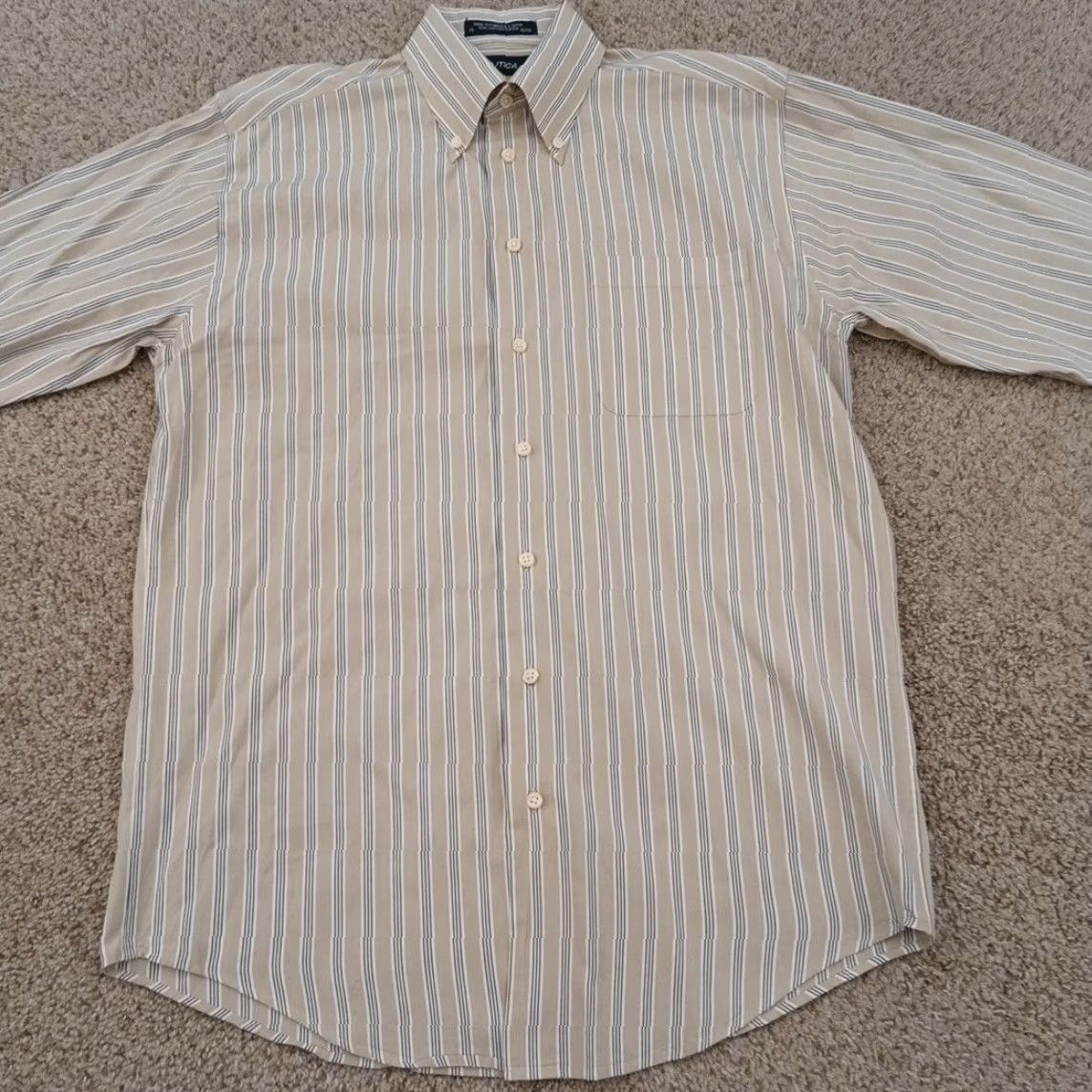 Nautica Nautica Shirt Mens 15 Beige Gray Striped Long Sleeve Button-Down Cotton Men Regular Size 15 Mens Womens? Size US M / EU 48-50 / 2 - 4 Thumbnail