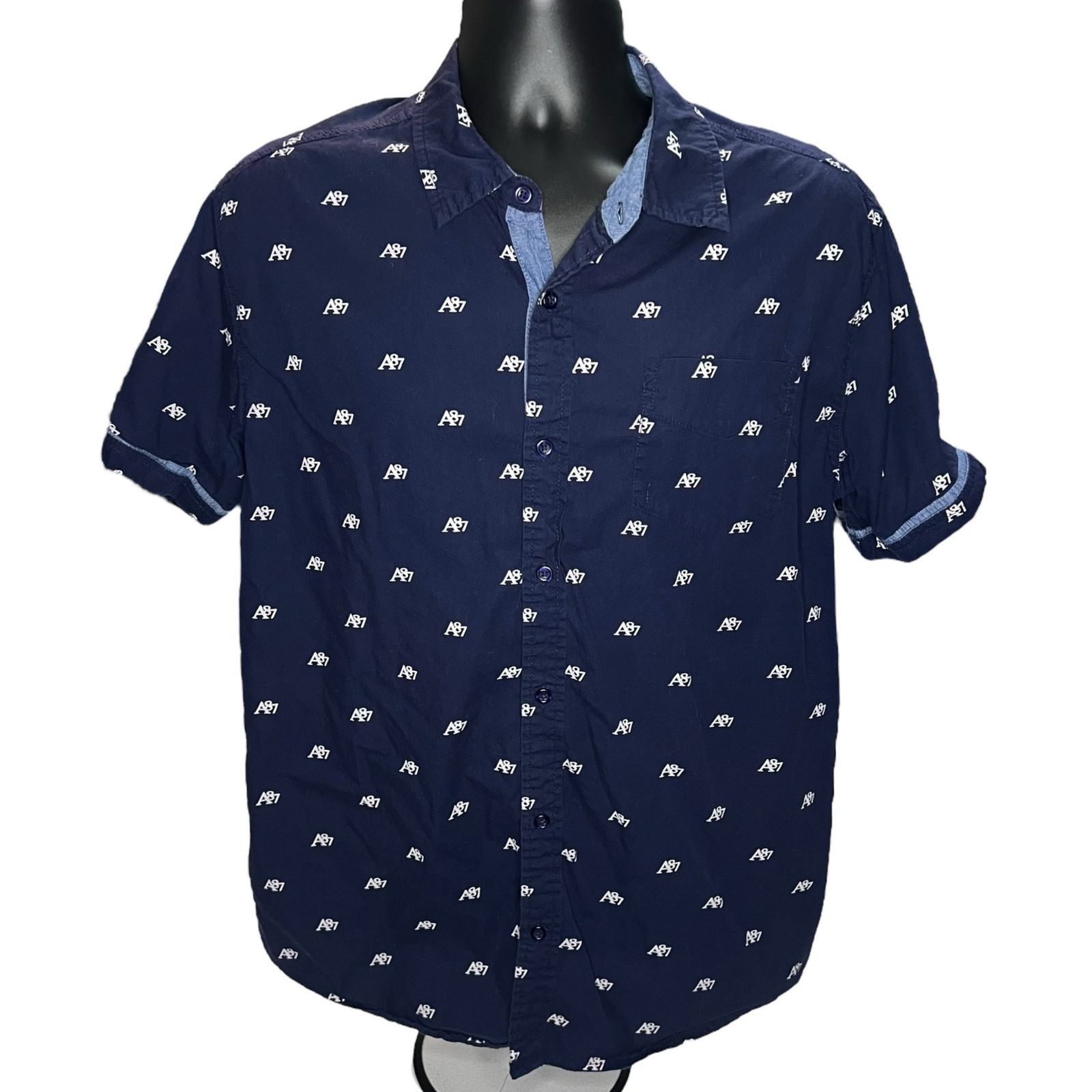 Aeropostale Aeropostale A87 Men’s Short Sleeve Button Up Shirt Navy Blue Size US L / EU 52-54 / 3 - 1 Thumbnail
