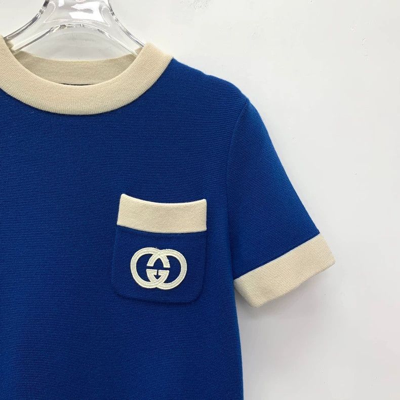 Gucci Dark blue logo embroidered wool round neck short-sle