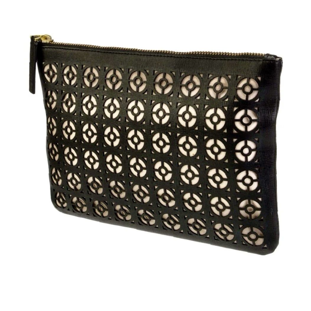 Vintage Jonathan Adler Clutch Women Medium Black Cream Laser Cut Geometric Faux Leather Modern Bag purse Size ONE SIZE - 2 Thumbnail