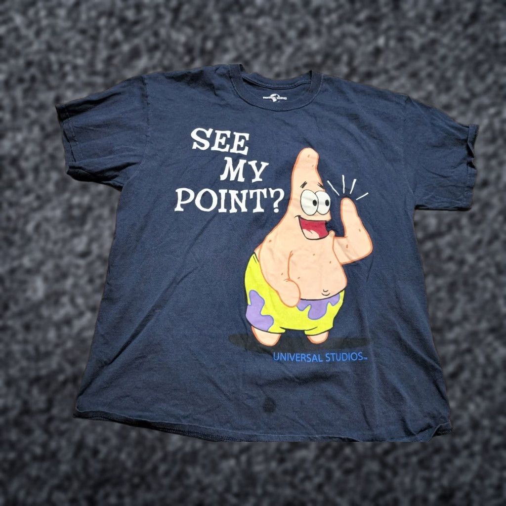 Vintage Mens XL Universal Studios Patrick Spongebob See My Point Distressed T-Shirt Crew Neck Short Sleeve Blue Cotton Graphic Print Size US 36 / EU 52 - 1 Thumbnail