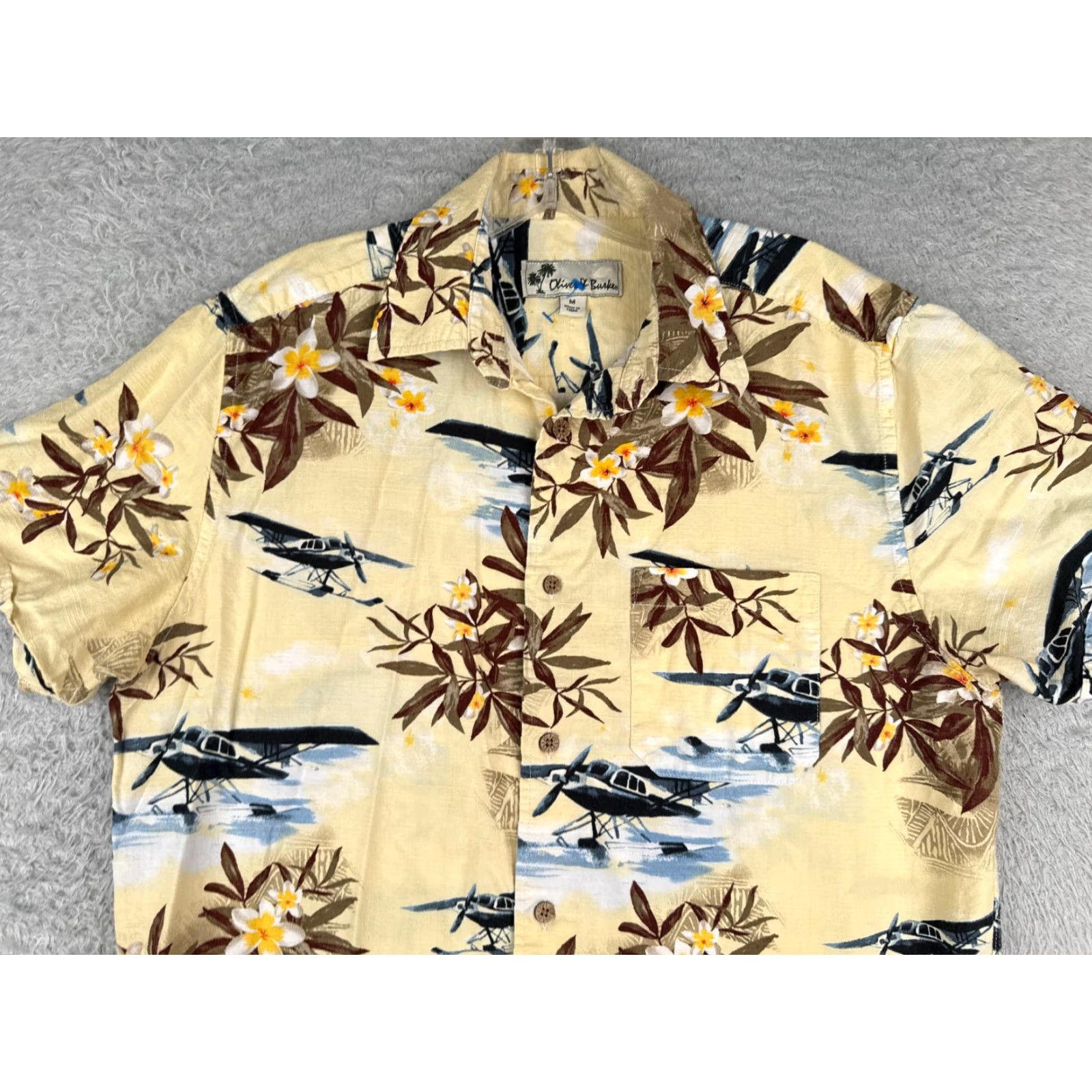 Olive VINTAGE Oliver & Burke Shirt Men M Yellow Floral Airplane Button Up Cotton Hawaiian Size US M / EU 48-50 / 2 - 4 Thumbnail