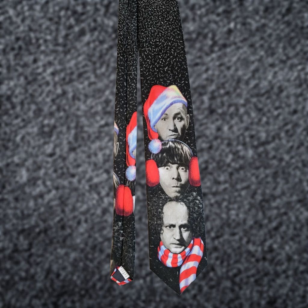 Vintage VINTAGE Ralph Marlin Christmas Holiday Three Stooges Neck Tie Mens Black White Red 60" Long Size ONE SIZE - 1 Thumbnail