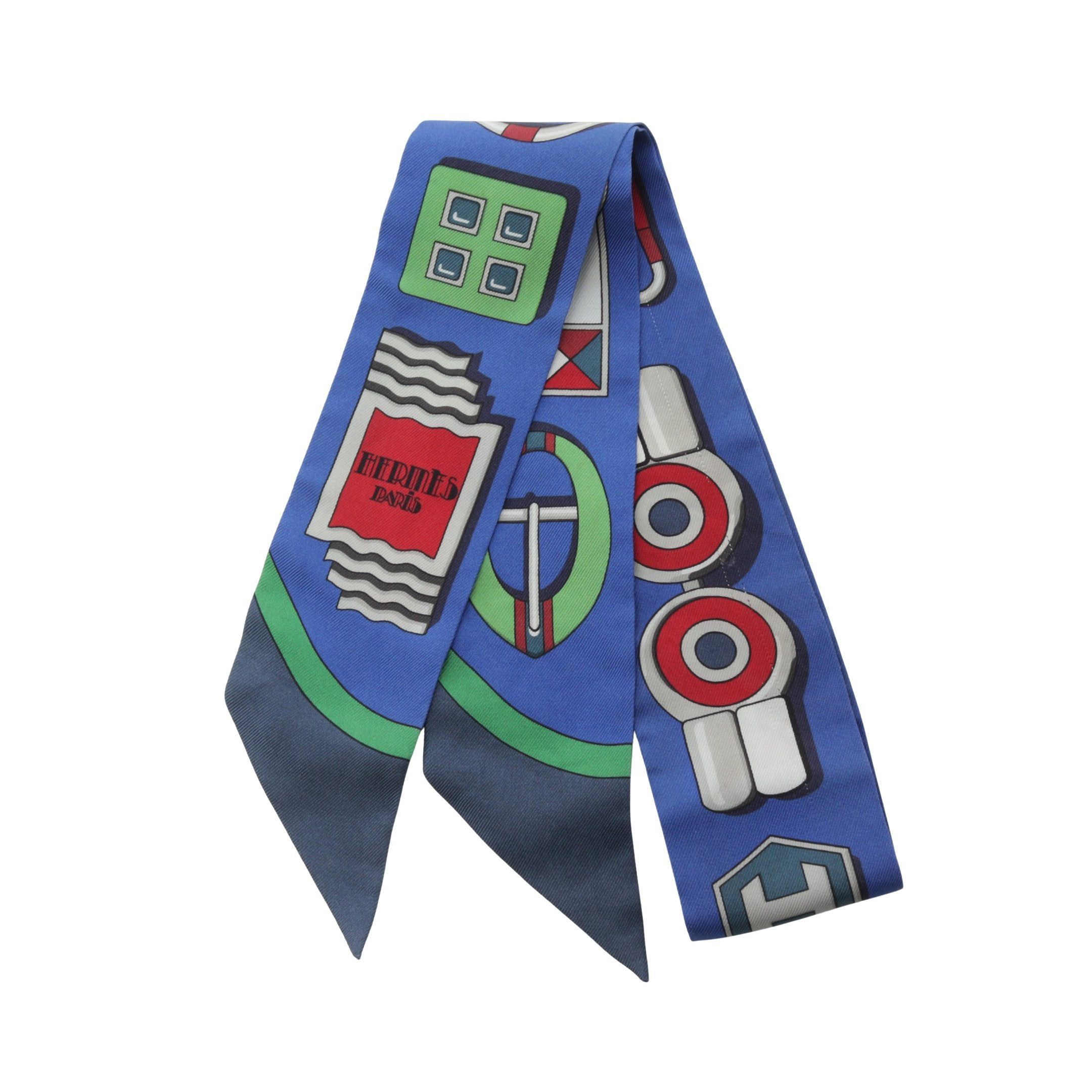 Hermes Hermes Twilly Carr En Boucles Ribbon Scarf Silk Blue Multicolor Size ONE SIZE - 1 Thumbnail