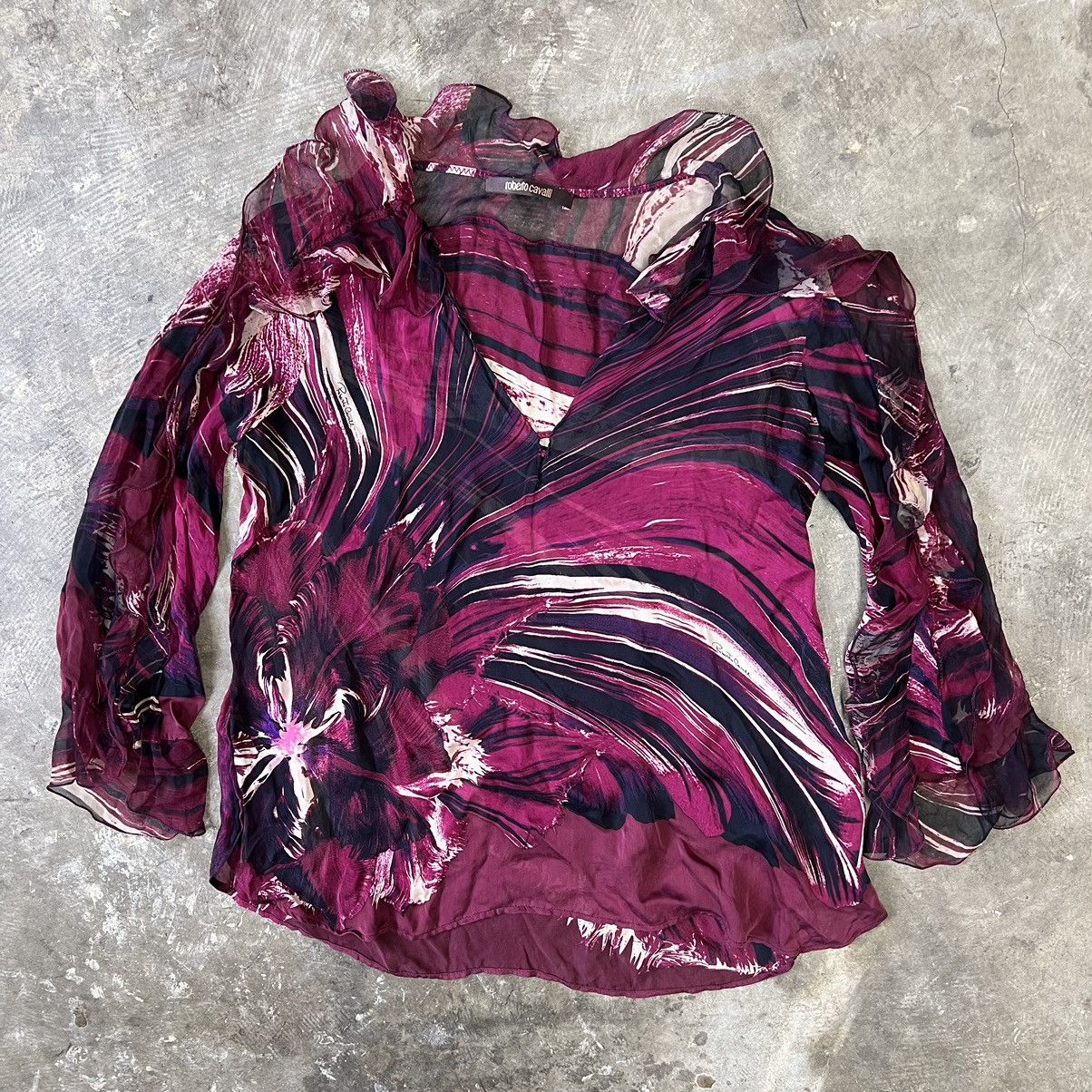 image of Roberto Cavalli Abstract Print Blouse Ruffle Puff Purple in Red, Women's (Size Medium)