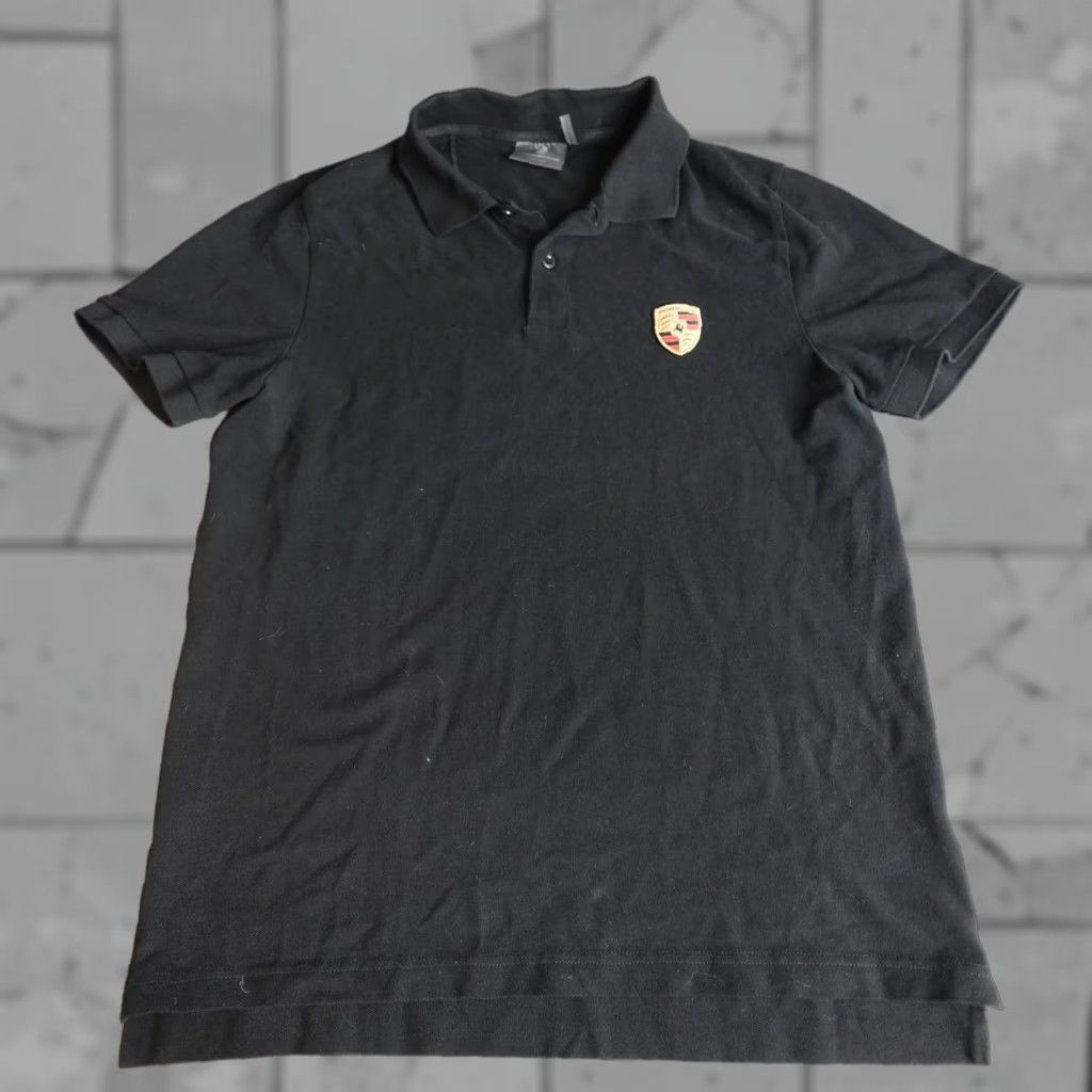 Porsche Polo Shirt Mens Medium Black Solid Embroidered Official Herren Shirt