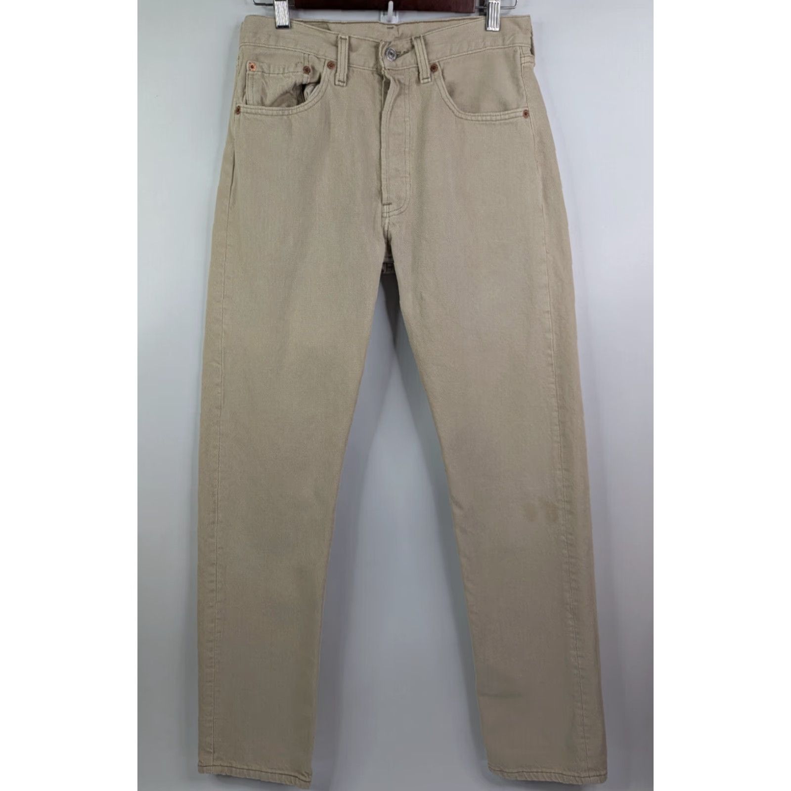 Levi's VINTAGE Levi's 501 Jeans Mens 30x34 Beige Denim USA 501-0612 5-Pocket Straight Leather? Logo 90s Grunge Hipster City College USA Mens Size US 30 / EU 46 - 3 Thumbnail