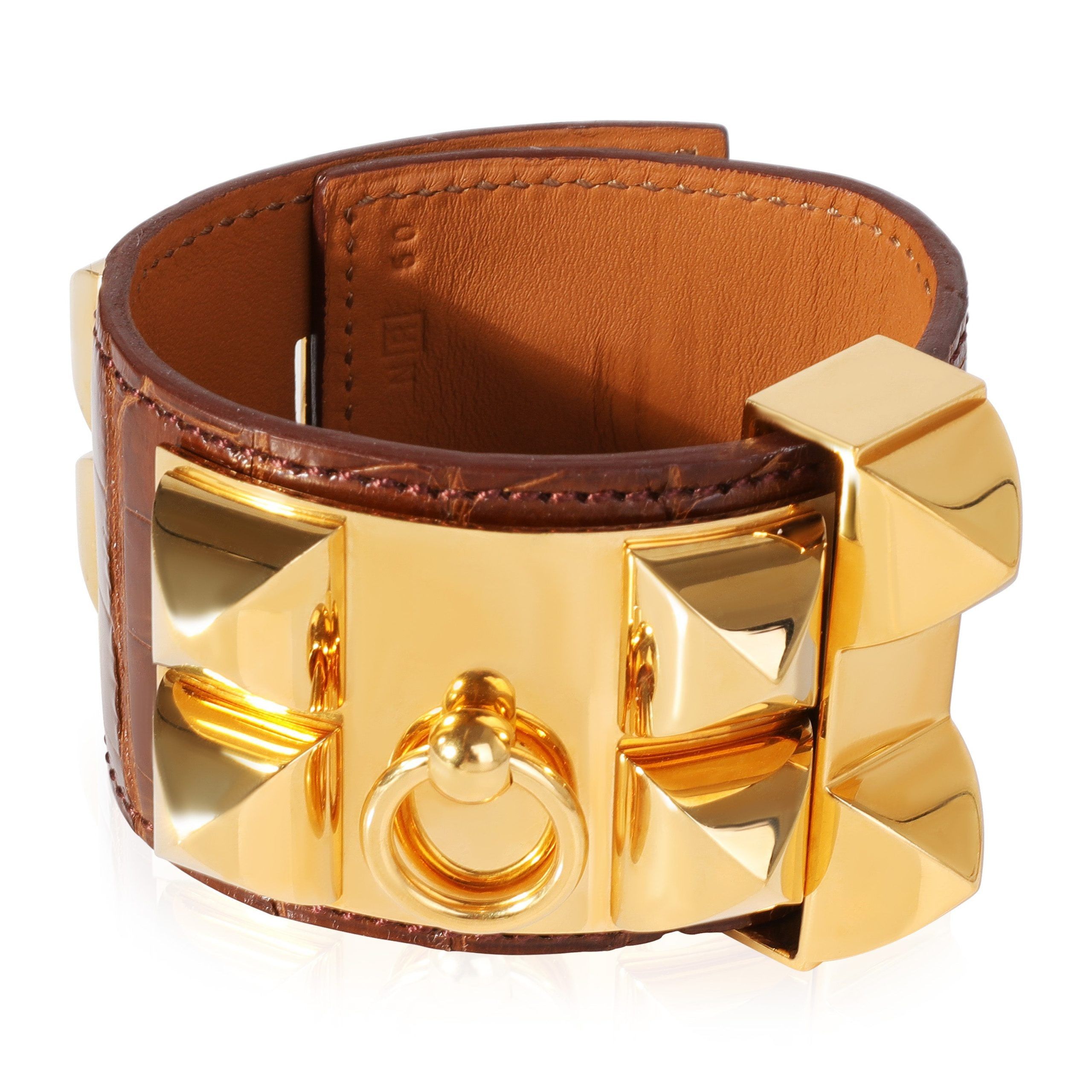 image of Hermes Collier De Chien Brown Leather Gold Tone Cuff, Women's