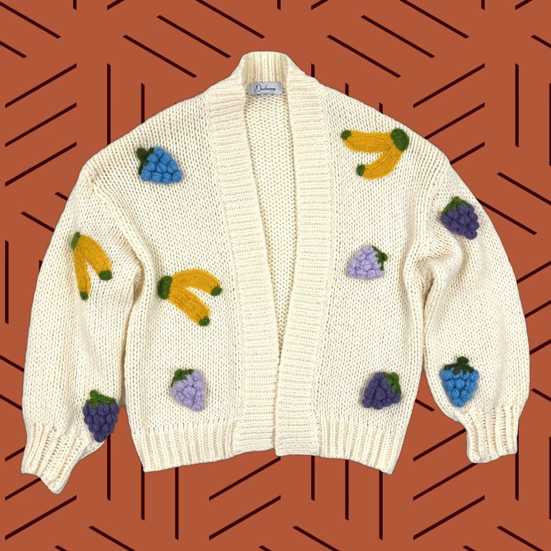 Anthropologie VINTAGE Anthropologie x Duchamp Cardigan Sweater Womens OS 3D Chunky Fruit Cream Novelty Size ONE SIZE - 1 Thumbnail