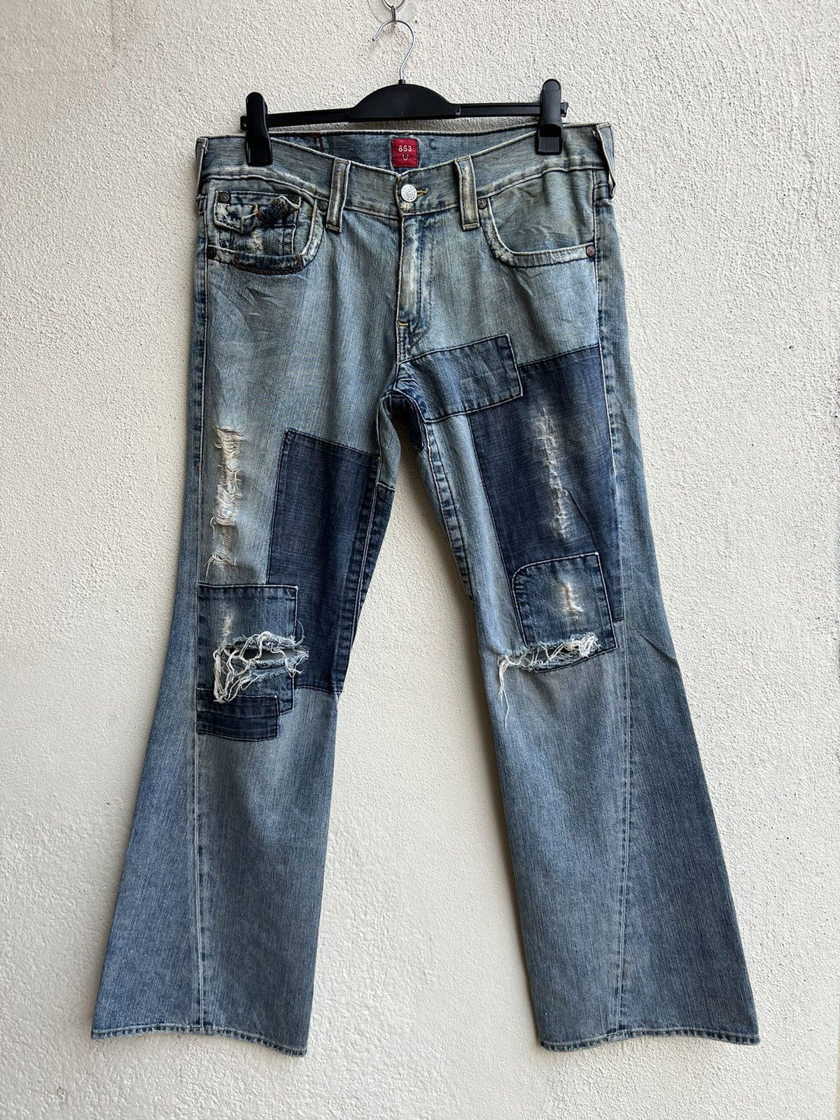 True Religion VTG 00s TR Big Rig Stone&Tint Rips Patchwork Flare Jeans Size US 34 / EU 50 - 6 Thumbnail