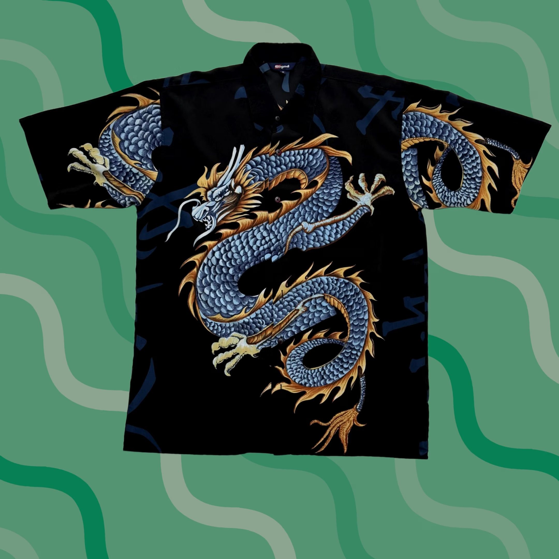 Vintage Bignd Shirt Mens Medium Black Dragon Graphic Rayon Button Up Tribal Flames Size US M / EU 48-50 / 2 - 1 Thumbnail