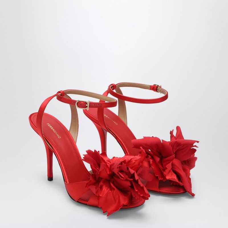 Salvatore Ferragamo Ferragamo Red Satin Sandals With Flower Size US 7.5 / IT 37.5 - 1 Thumbnail