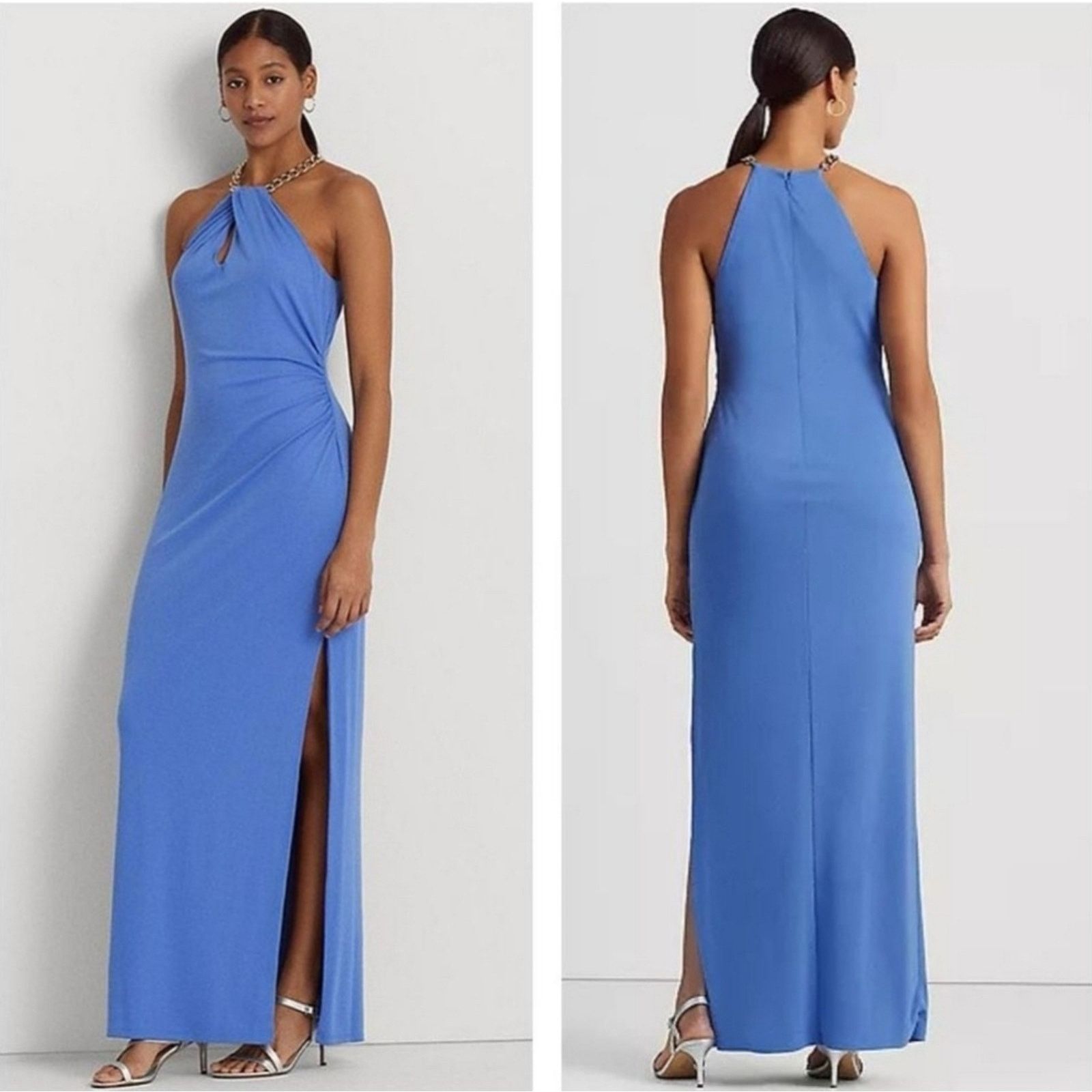 Ralph Lauren Lauren Ralph Lauren LRL Blue Gold Chain Halter Gown Size 10 Size L / US 10 / IT 46 - 1 Thumbnail