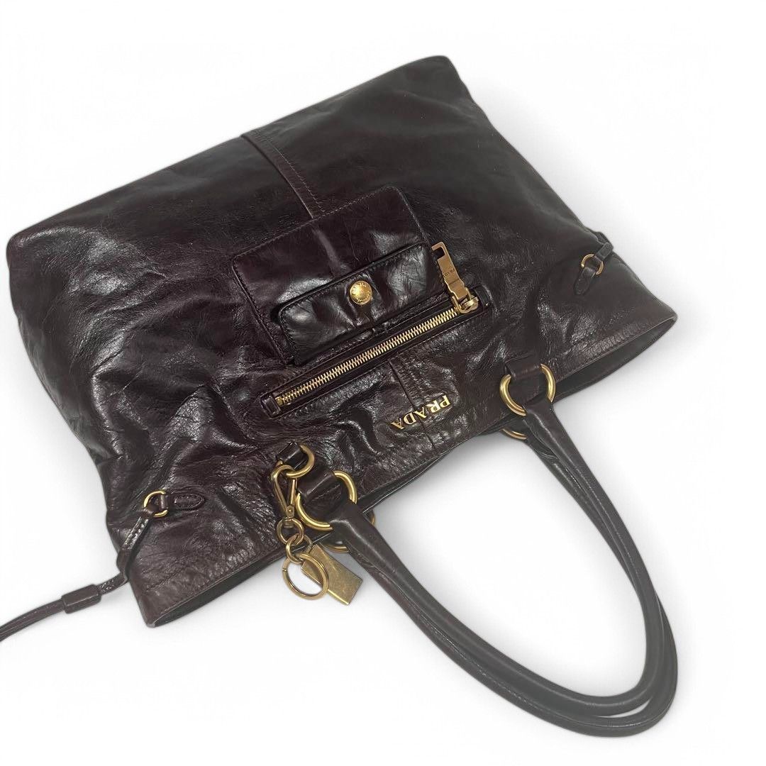 Prada Prada - Shiny Brown Black Leather Gold Hardware Shoulder Bag Size ONE SIZE - 6 Thumbnail