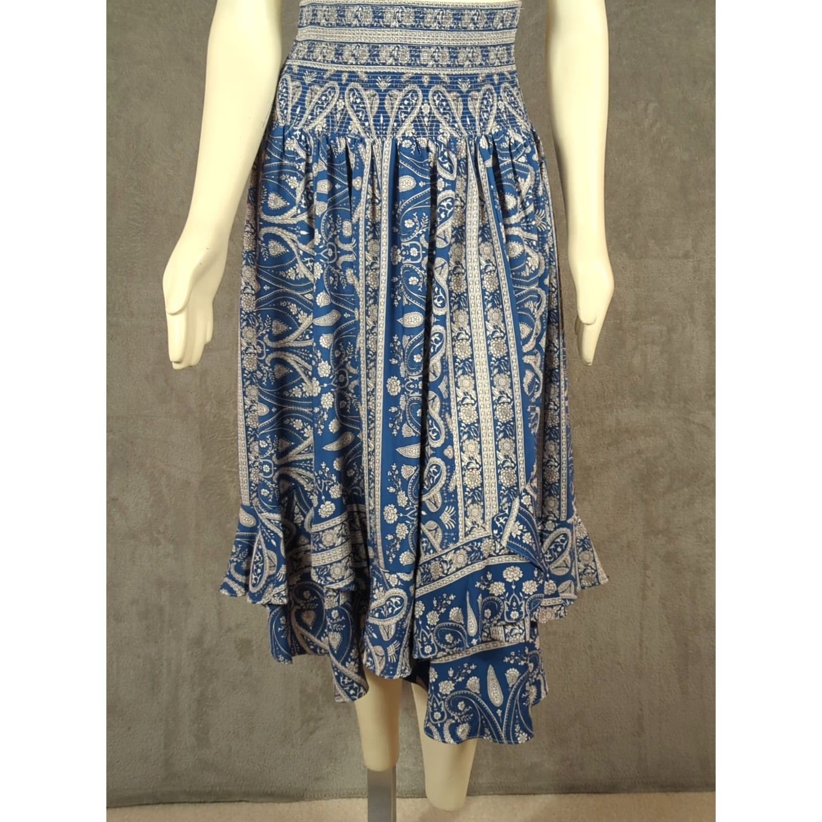 Vintage Storia Blue Boho Bandana Printed Ruffle Convertible Maxi Skirt Smocked Dress S (Blue) Green? Size 28" / US 6 / IT 42 - 6 Thumbnail