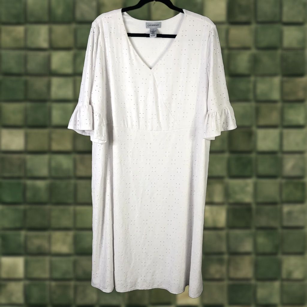 Vintage Catherines Dress Womens 1X White Eyelet Lace Midi Fit Flare Bell Sleeve Boho Size XL / US 12-14 / IT 48-50 - 1 Thumbnail