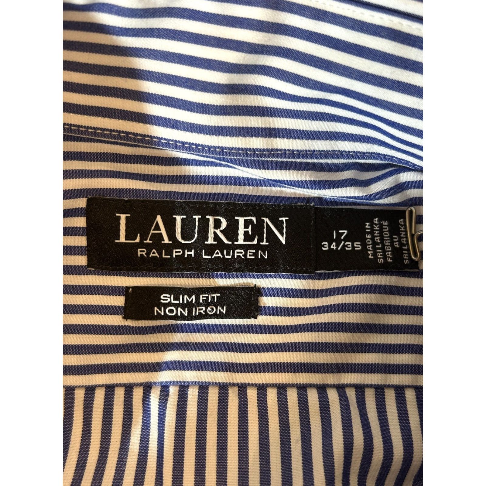 Ralph Lauren Lauren Ralph Lauren Dress Shirt Mens XL Blue Stripe Slim Office Business Non-Iron 100% Cotton 17 Neck 34/35 Sleeve Long Sleeve Size 46R - 3 Thumbnail