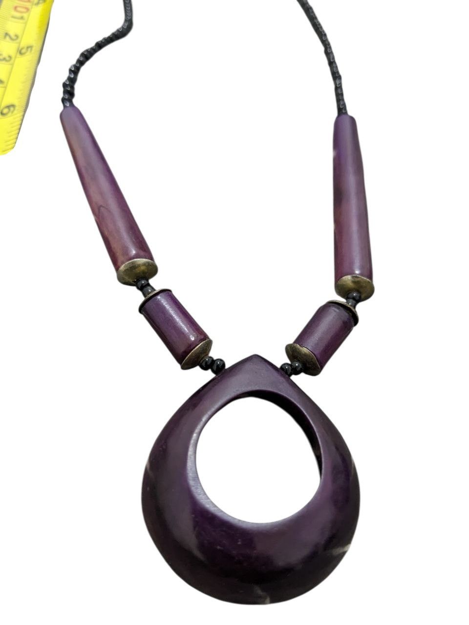 Japanese Brand PURPLE BEADED NECKLACE & LARGE PENDANT OF TAGUA NUT/WOOD Size ONE SIZE - 3 Thumbnail
