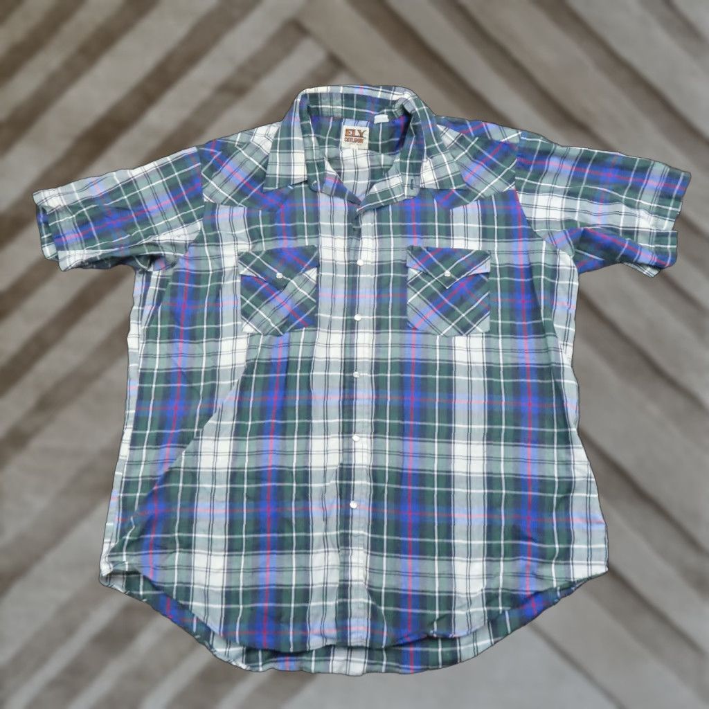 Vintage Ely Western Mens Shirt Extra Large XL Blue Green Plaid | Grailed