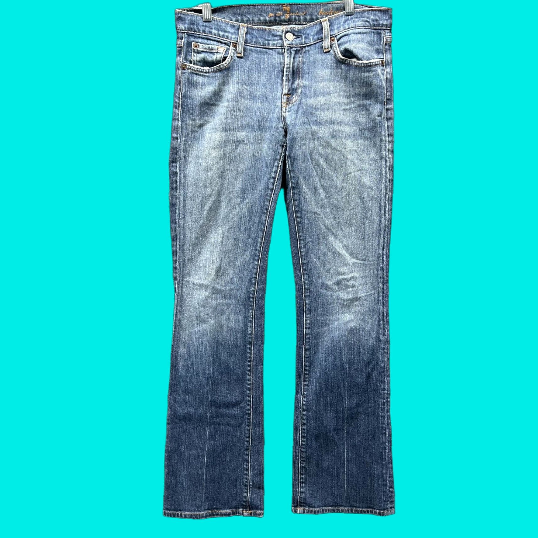 7 For All Mankind 7 For All Mankind Jeans Womens 30 Blue Bootcut Denim Medium Wash USA Regular Stretch Distressed Pockets Logo Embroidered Zip Fly Button Closure Size 30" / US 8 / IT 44 - 1 Thumbnail