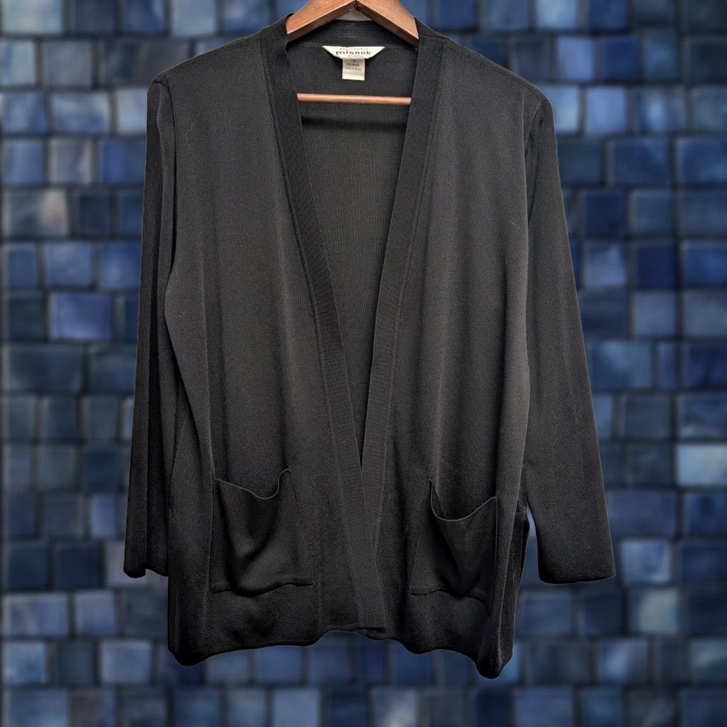 Vintage Exclusively Misook Womens L Petite Black Open Front Cardigan Sweater Pockets Size L / US 10 / IT 46 - 1 Thumbnail