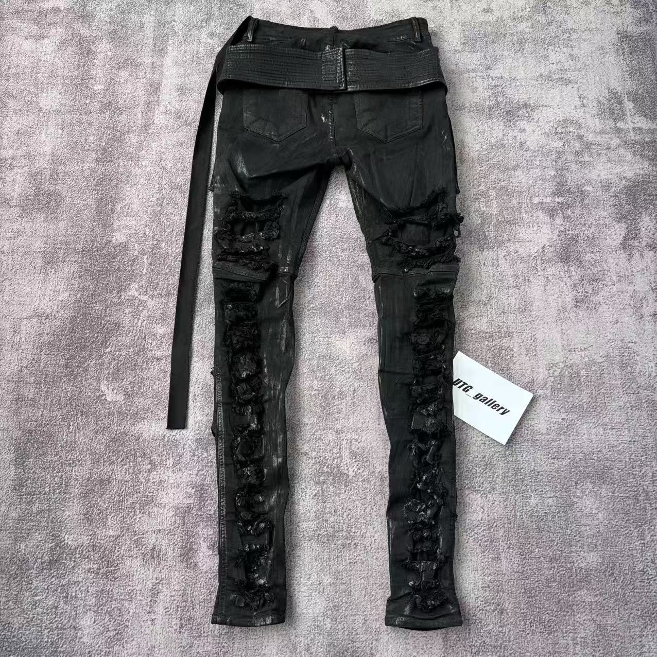 Rick Owens Drkshdw Rick Owens DRKSHDW Waxed Easy Creatch Distressed Denim Pants Size US 29 - 3 Thumbnail