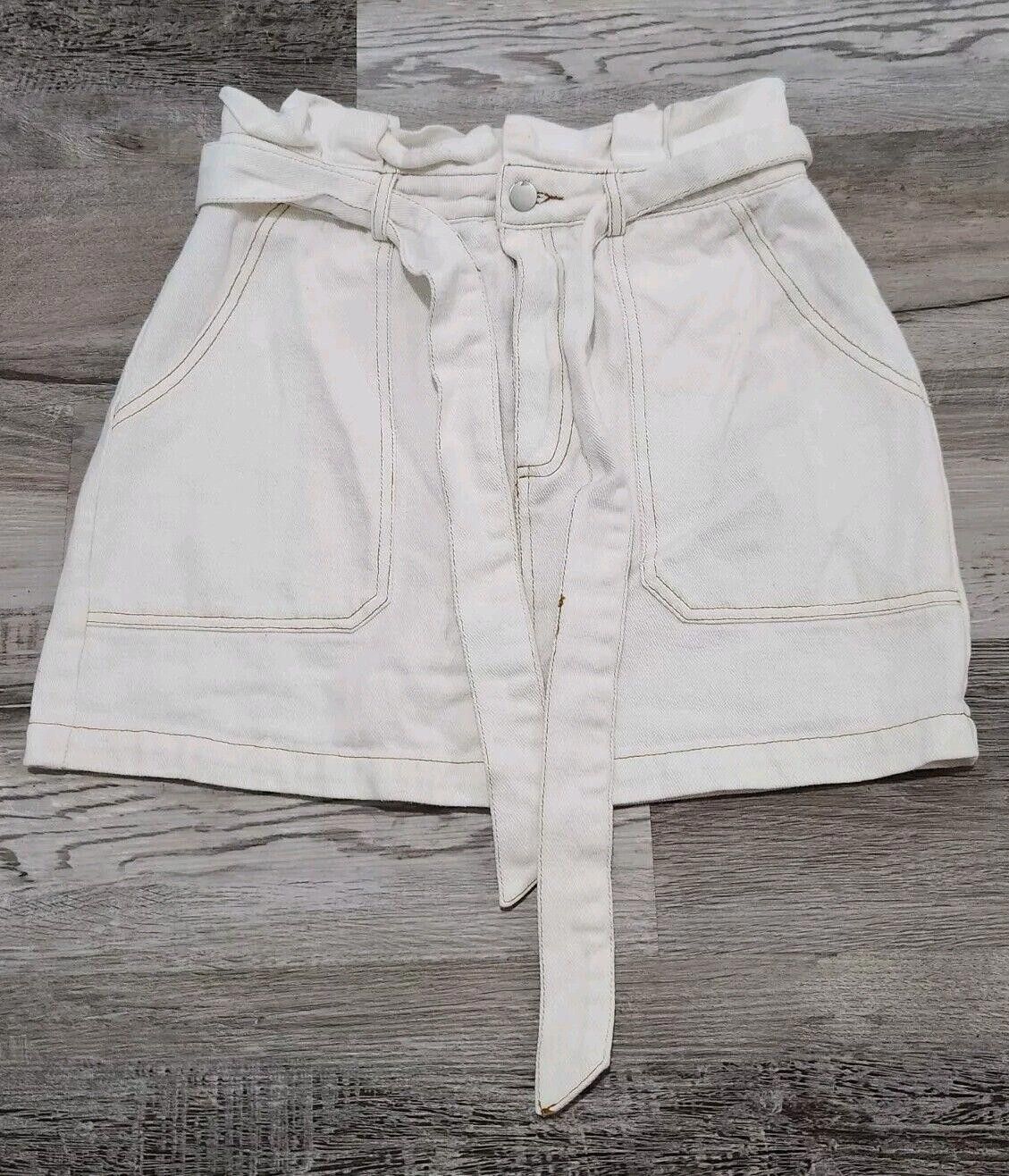 Designer Altar'd State Denim Skirt White Medium Belted Scrunch Waist Size 32" / US 10 / IT 46 - 1 Thumbnail