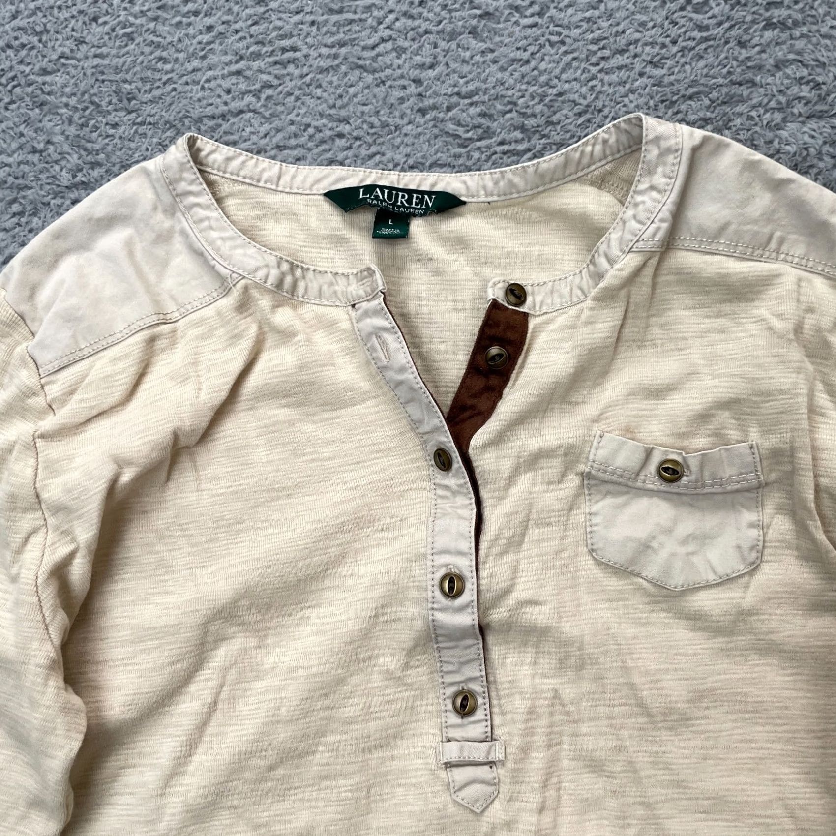 Ralph Lauren Lauren Ralph Lauren Womens Large Beige Cotton Henley Shirt Leather Trim Top Size L / US 10 / IT 46 - 5 Thumbnail