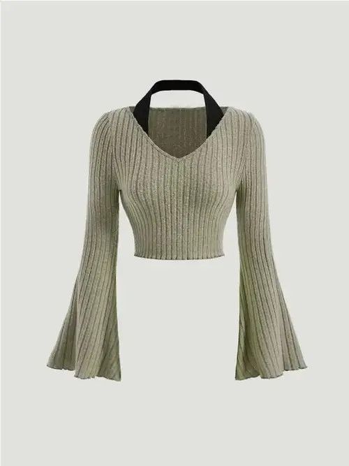 image of Vintage Women Contrast Collar Bell Sleeve Crop Tee Halter in Green