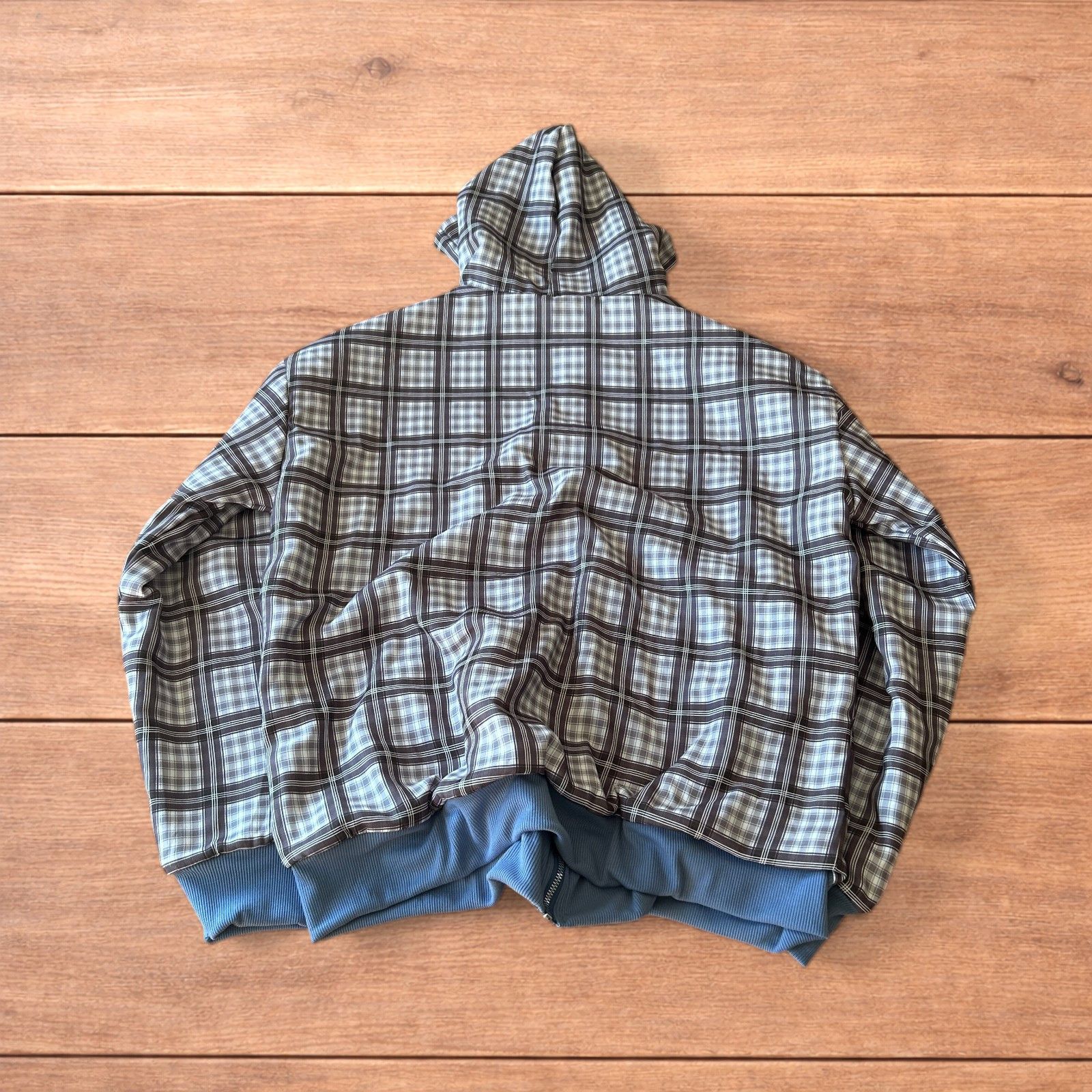 Japanese Brand Oversized baggy reversible zip up hoodie in checkered navy. Size US L / EU 52-54 / 3 - 6 Thumbnail