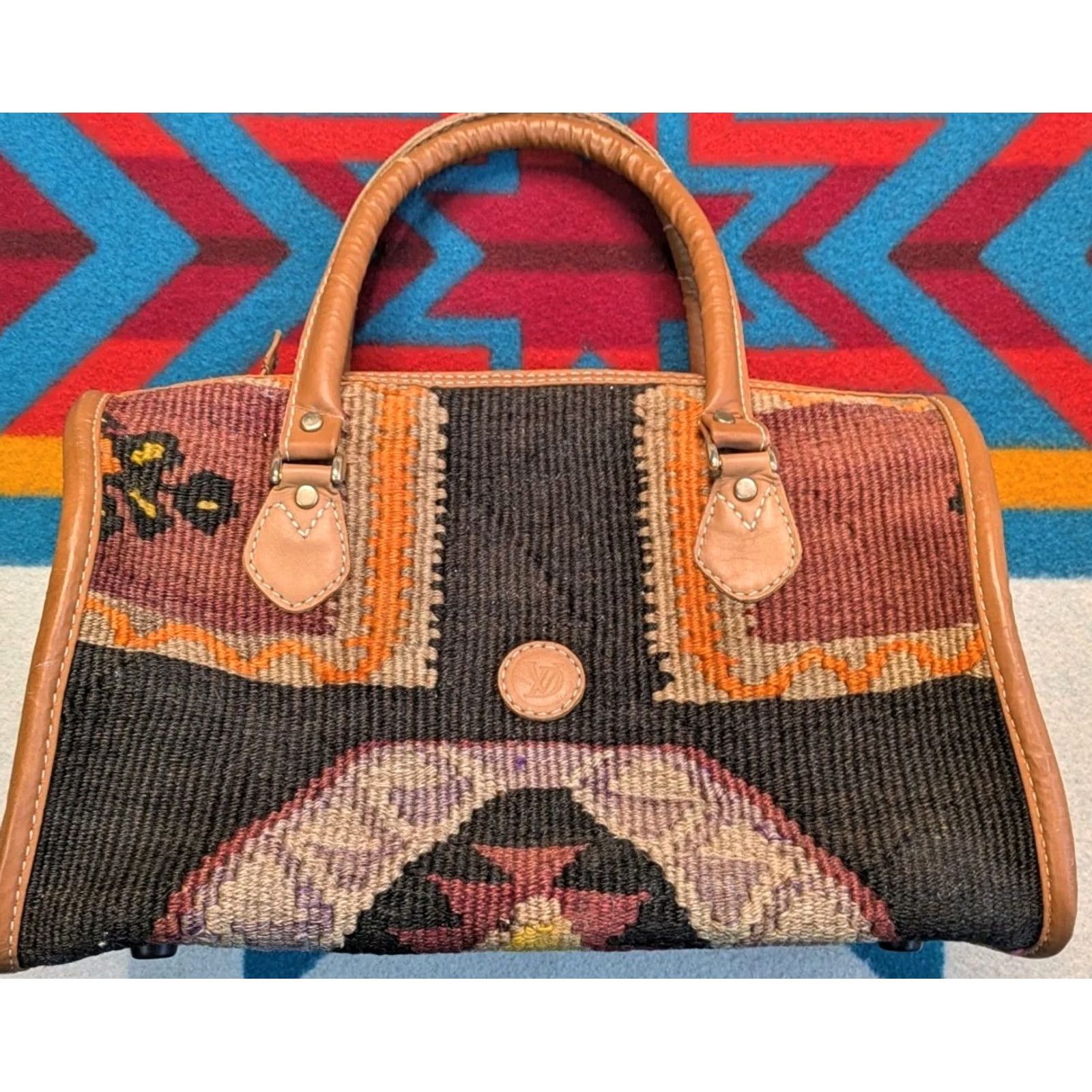 Vintage VINTAGE Durusel Hand Made Kilim Carpet Bag Purse Wool Leather Turkish 13x10" Womens Size ONE SIZE - 4 Thumbnail