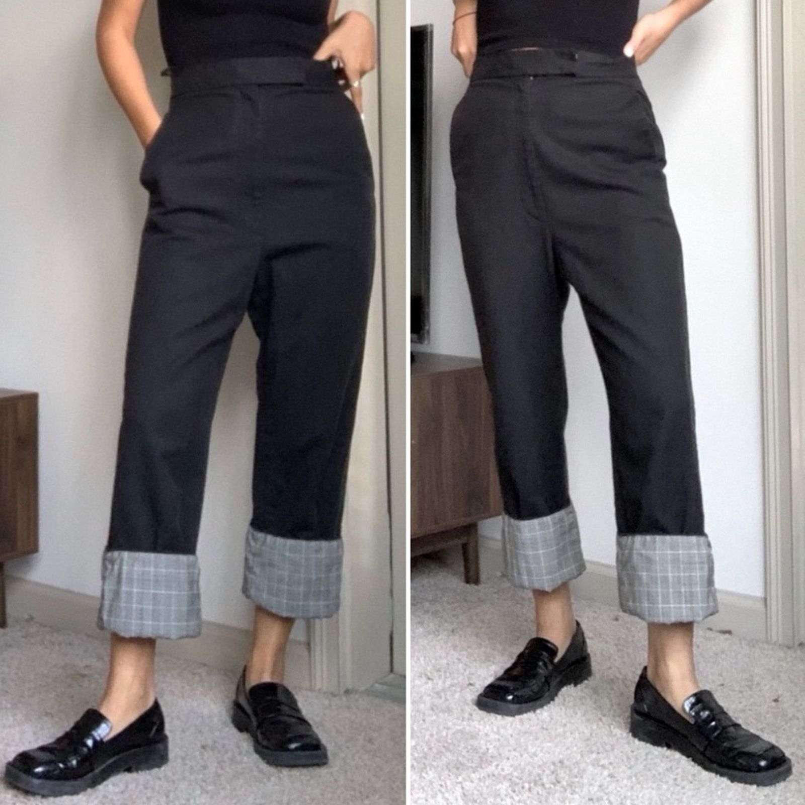 Helmut Lang Helmut Lang $495 Womens Black Trouser Pant w Plaid Cuff 2 Size 26" / US 2 / IT 38 - 1 Thumbnail