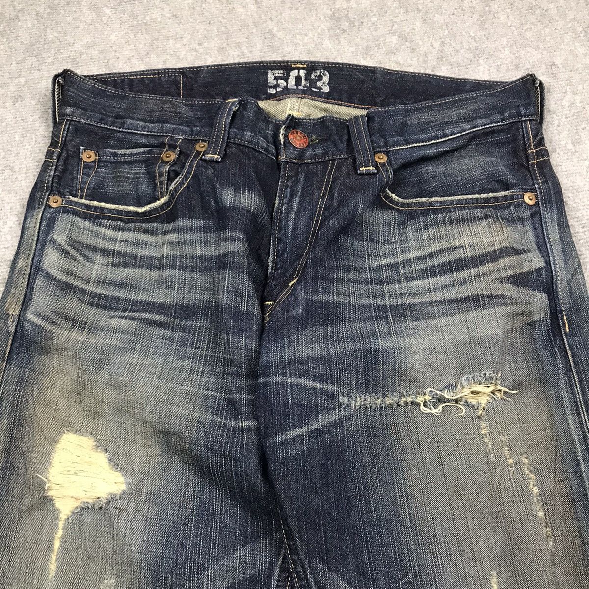 Edwin × Japanese Brand BAGGY💀RIPPED DISTRESSED EDWIN JAPAN BLUE TRIP DENIM PANTS Size US 34 / EU 50 - 6 Thumbnail
