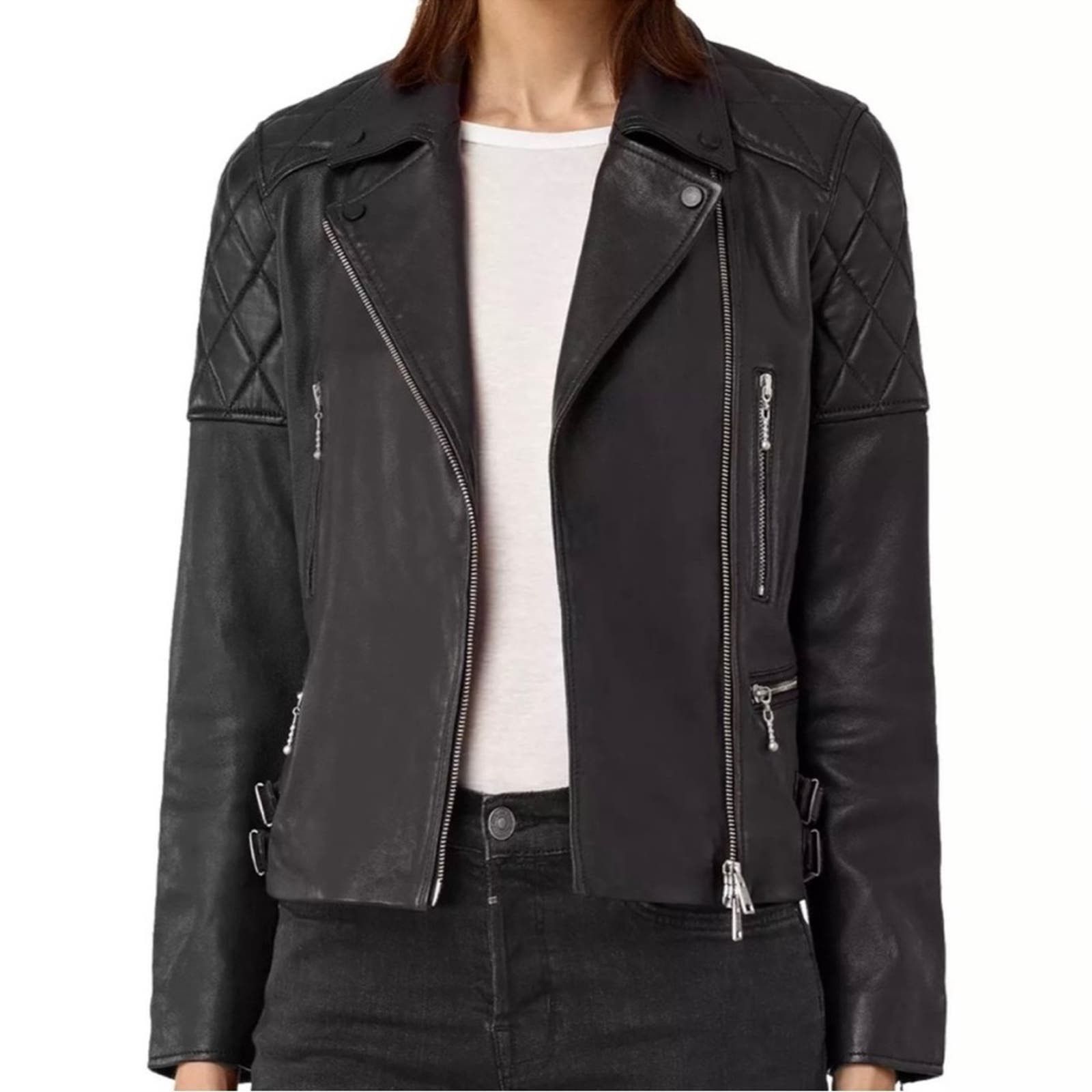 image of Allsaints Armstead Biker Jacket Black Lamb Leather Uk 4 Us 0, Women's (Size XS)