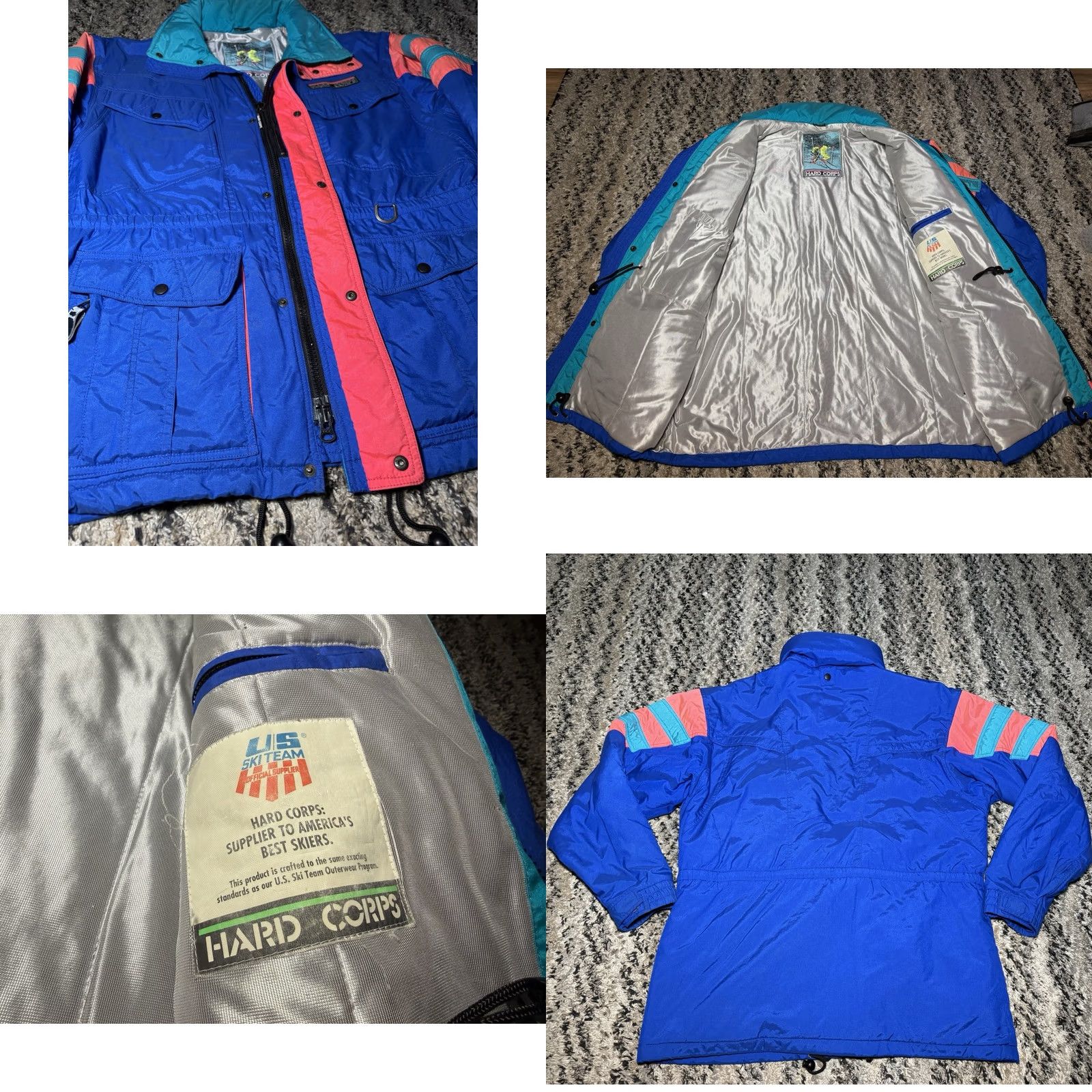 Vintage VINTAGE Hard Corps US Ski Team Jacket Mens Large Bomber Jacket Long Neon Blue Pink Zipped Pockets Hooded Insulated Winter Skiing USA 80s 90s Size US L / EU 52-54 / 3 - 8 Thumbnail