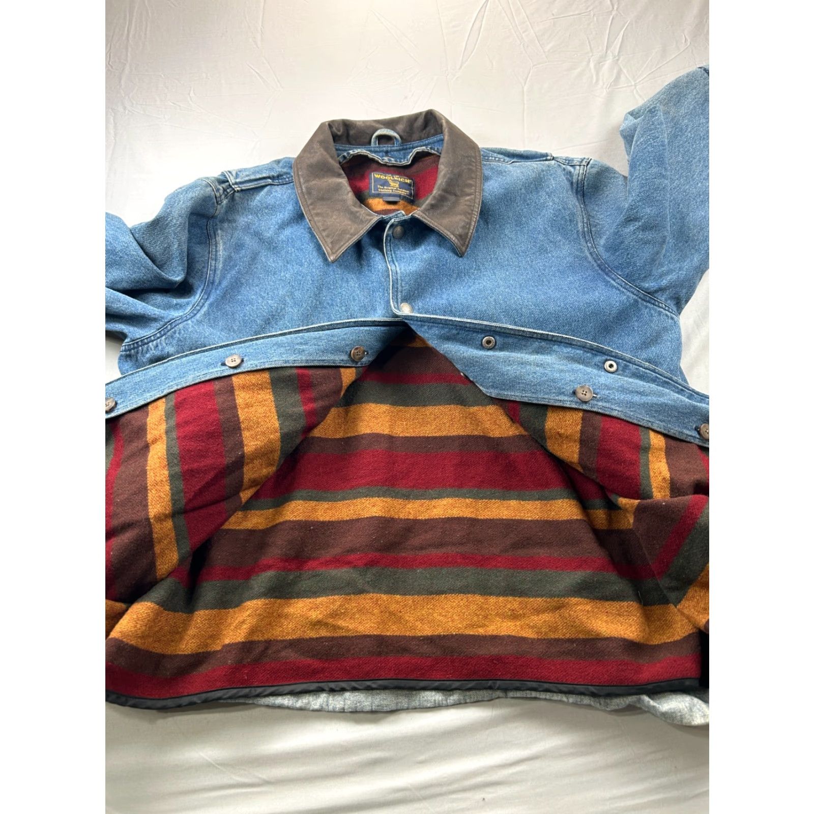 Vintage VINTAGE Woolrich Jacket Mens XL Blue Denim Leather Collar Barn Chore Coat Blanket Lined Size US XL / EU 56 / 4 - 6 Thumbnail