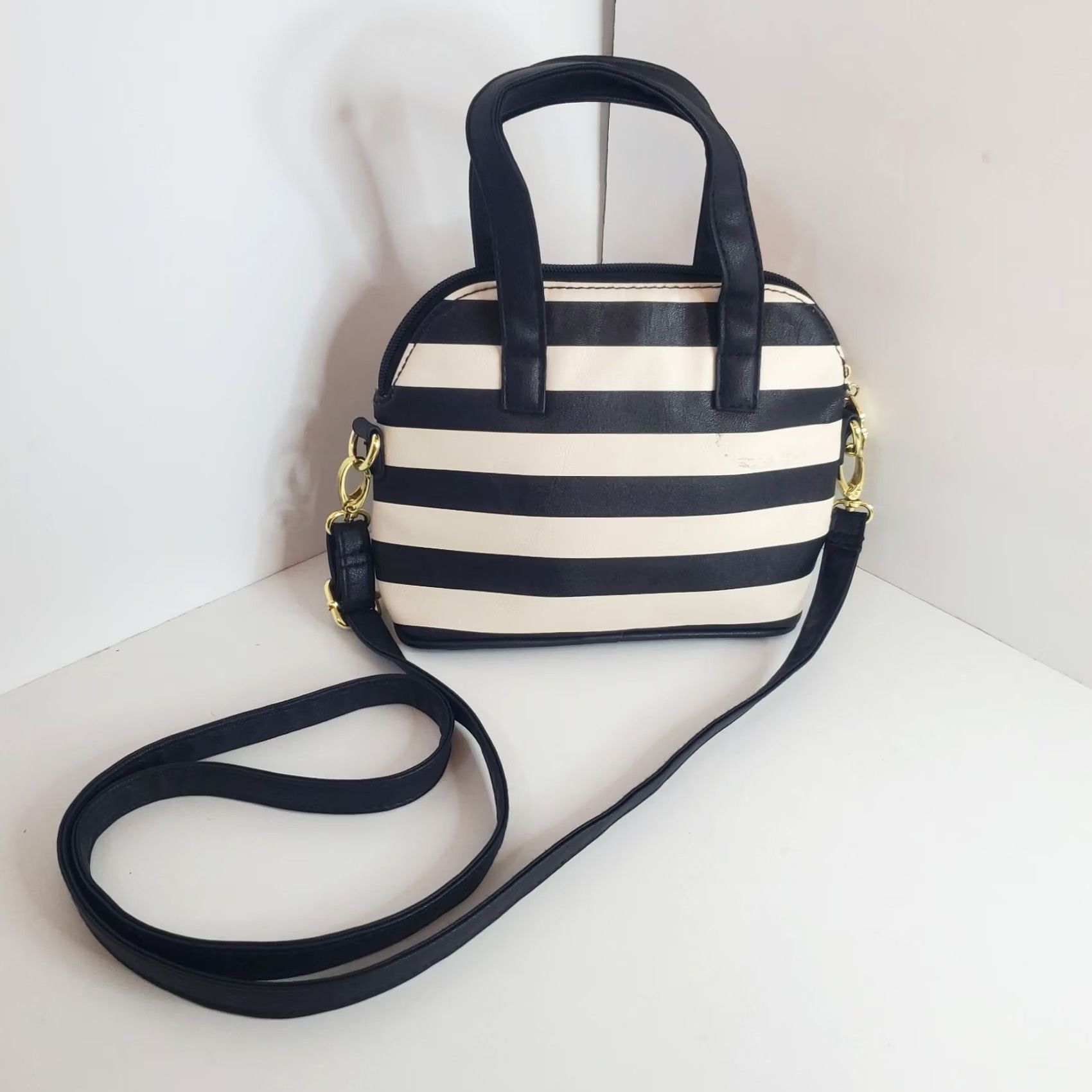 Vintage Luv Betsy by Betsy Johnson Crossbody Bag Mini Striped Black White Pink Exterior Faux Leather Womens Size ONE SIZE - 3 Thumbnail