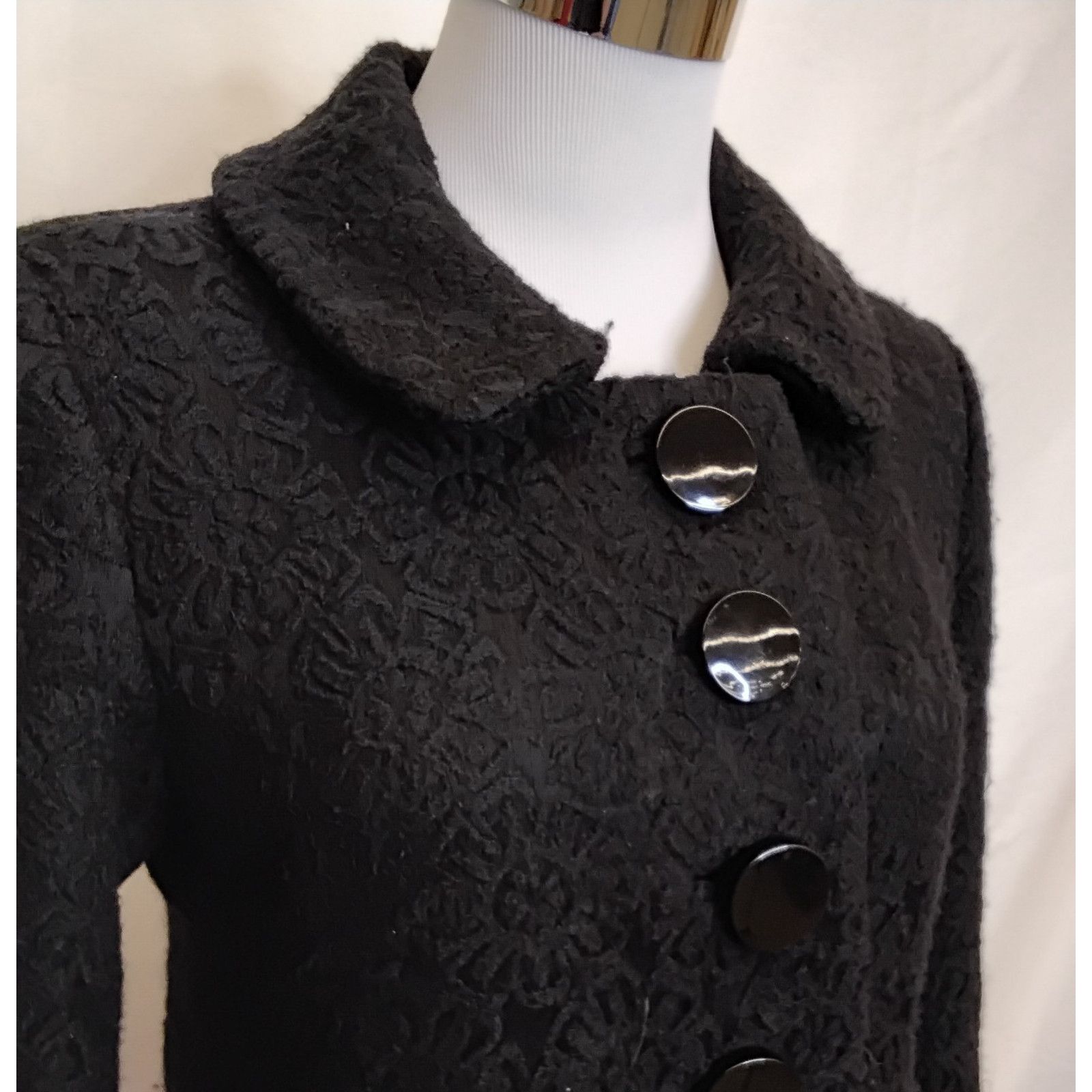 MILLY Milly of New York Wool Pea Coat Women's 4 Black Flowers Size S / US 4 / IT 40 - 4 Thumbnail