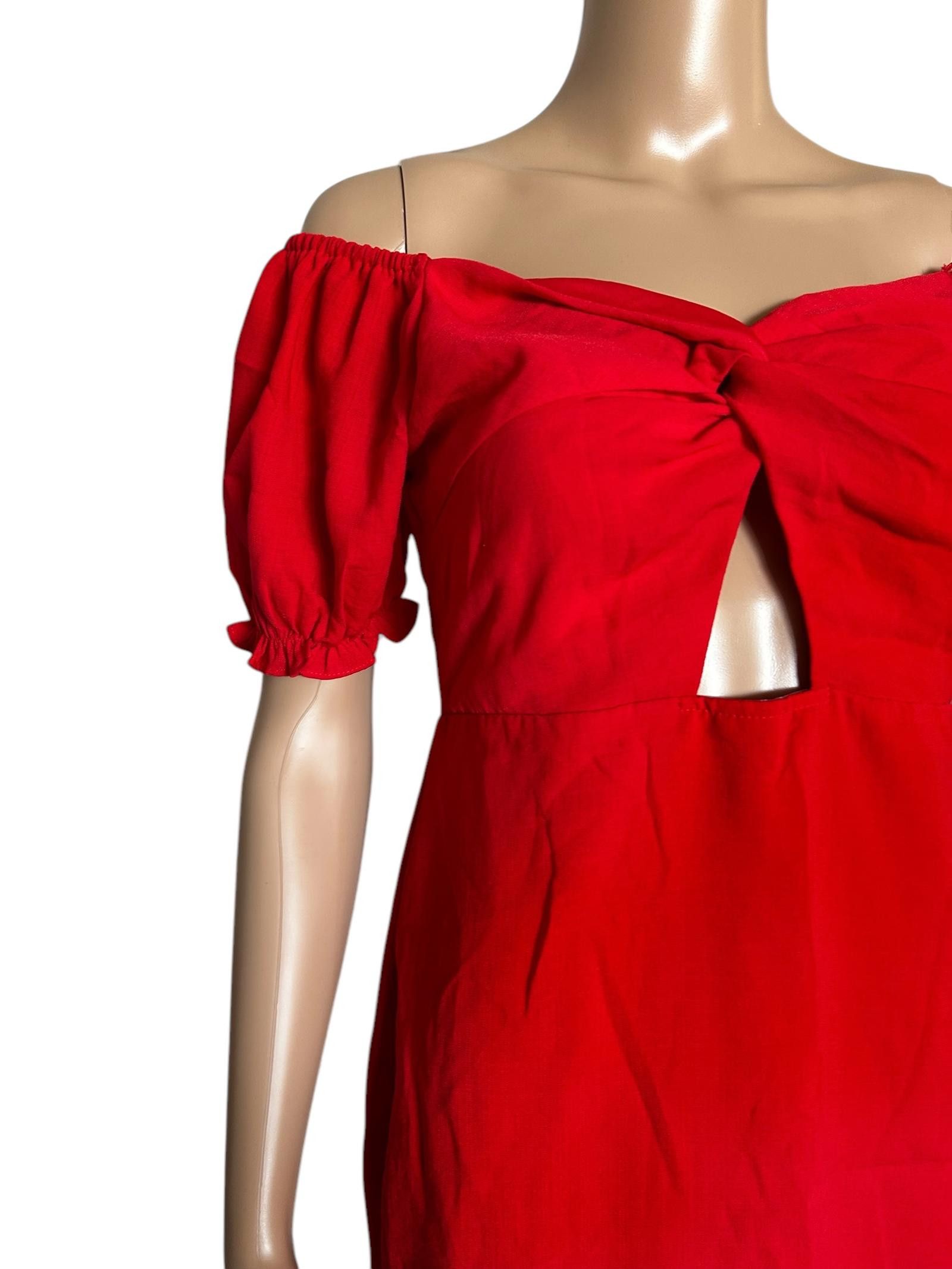 Designer Eye-Catching Red Off-Shoulder Dress with Puff Sleeves Size S / US 4 / IT 40 - 2 Thumbnail