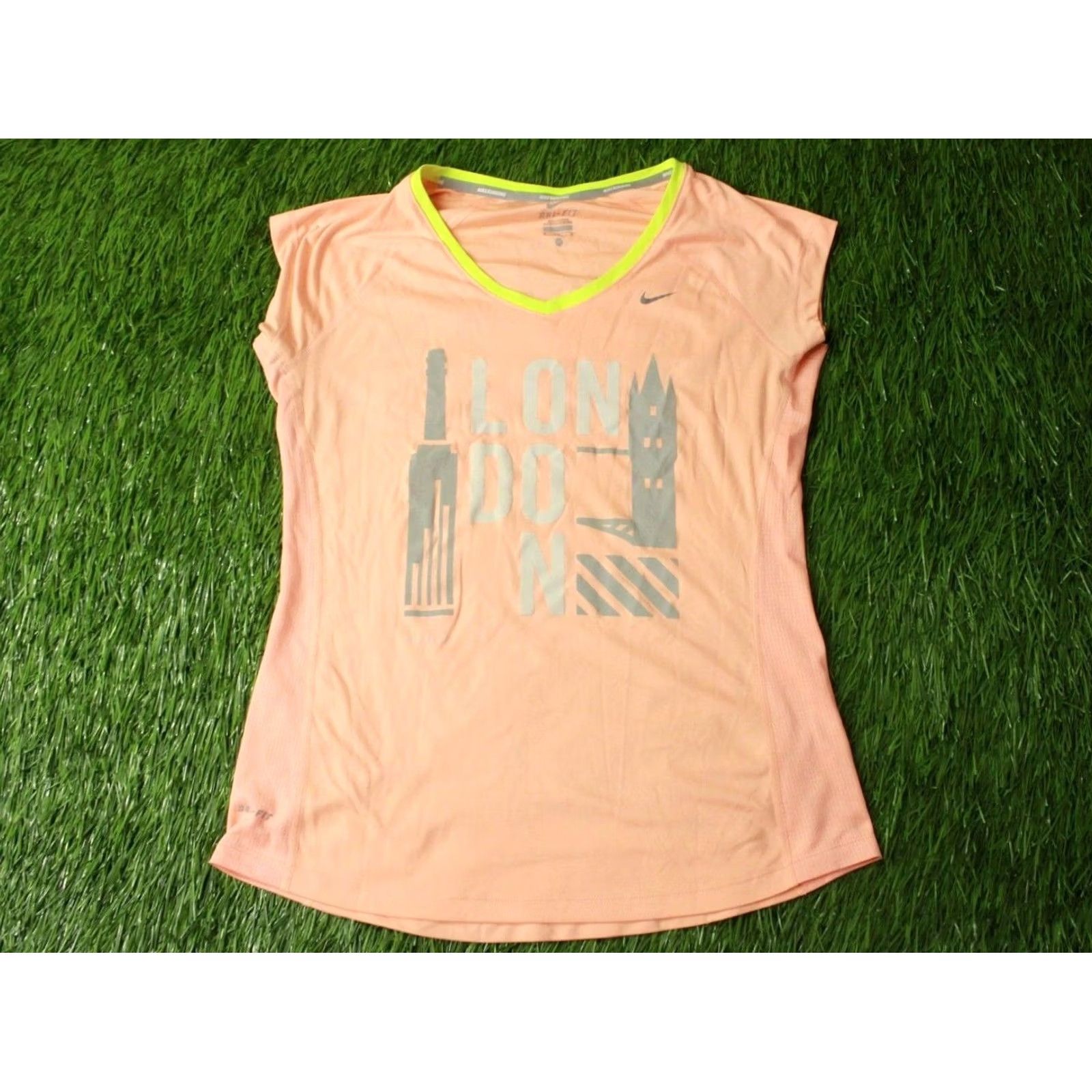 Nike NIKE RUNNING DRI-FIT LONDON WOMENS TRAINING SHIRT JERSEY M White Peach Neon Green London Run Nike Dri-Fit T-Shirt Womens 2015 Size M / US 6-8 / IT 42-44 - 2 Thumbnail