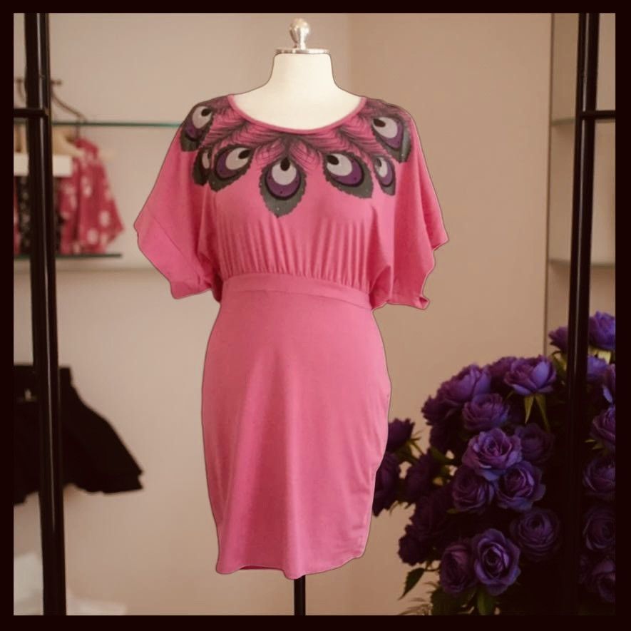 Designer × Other Colorful Bright Pink Peacock Print Dress Size L / US 10 / IT 46 - 3 Thumbnail